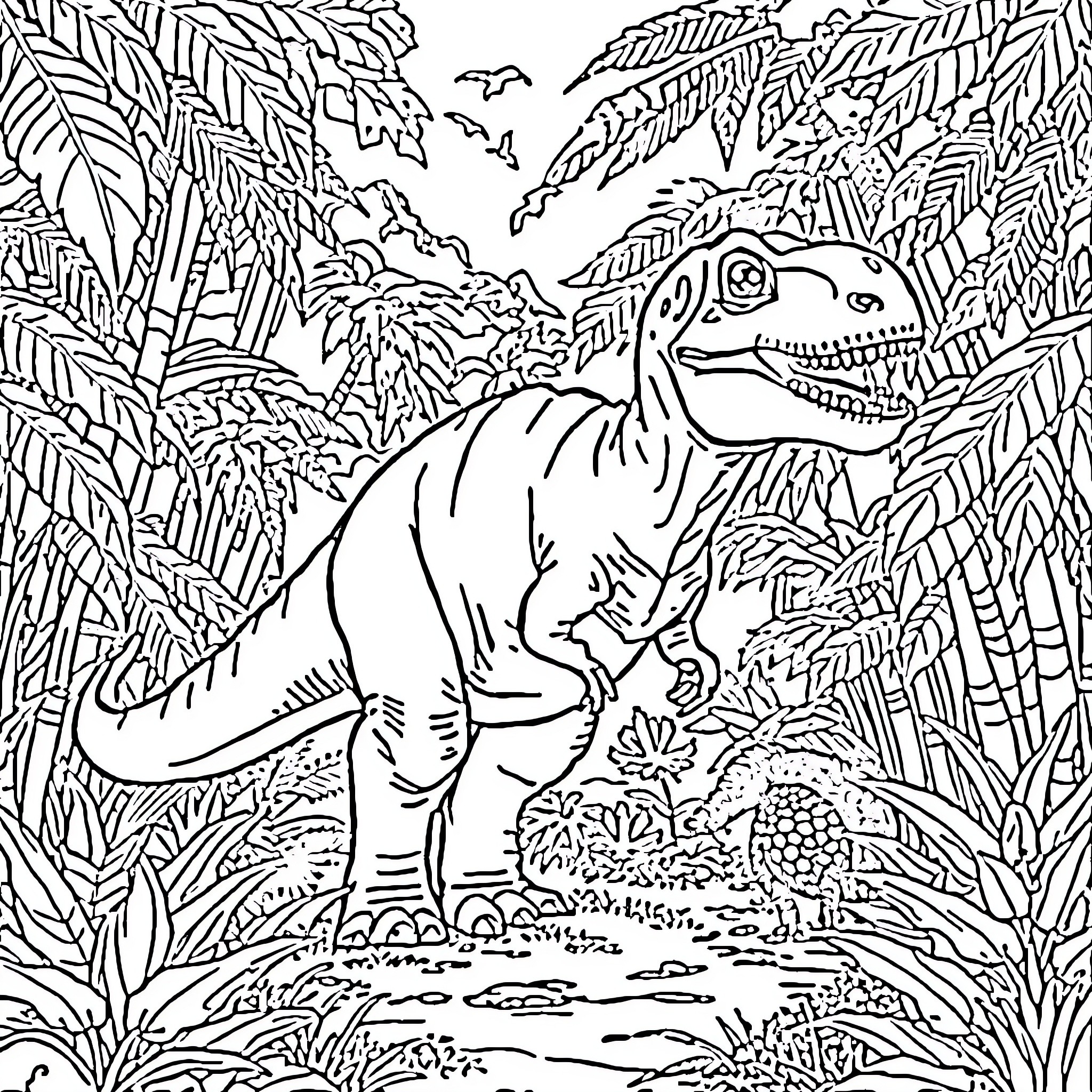 Dinosaur exploring the lush jungle landscape Coloring Page (free black-and-white line drawing printable PDF for all, from beginners to advanced learners, including children, teens, adults, and seniors)