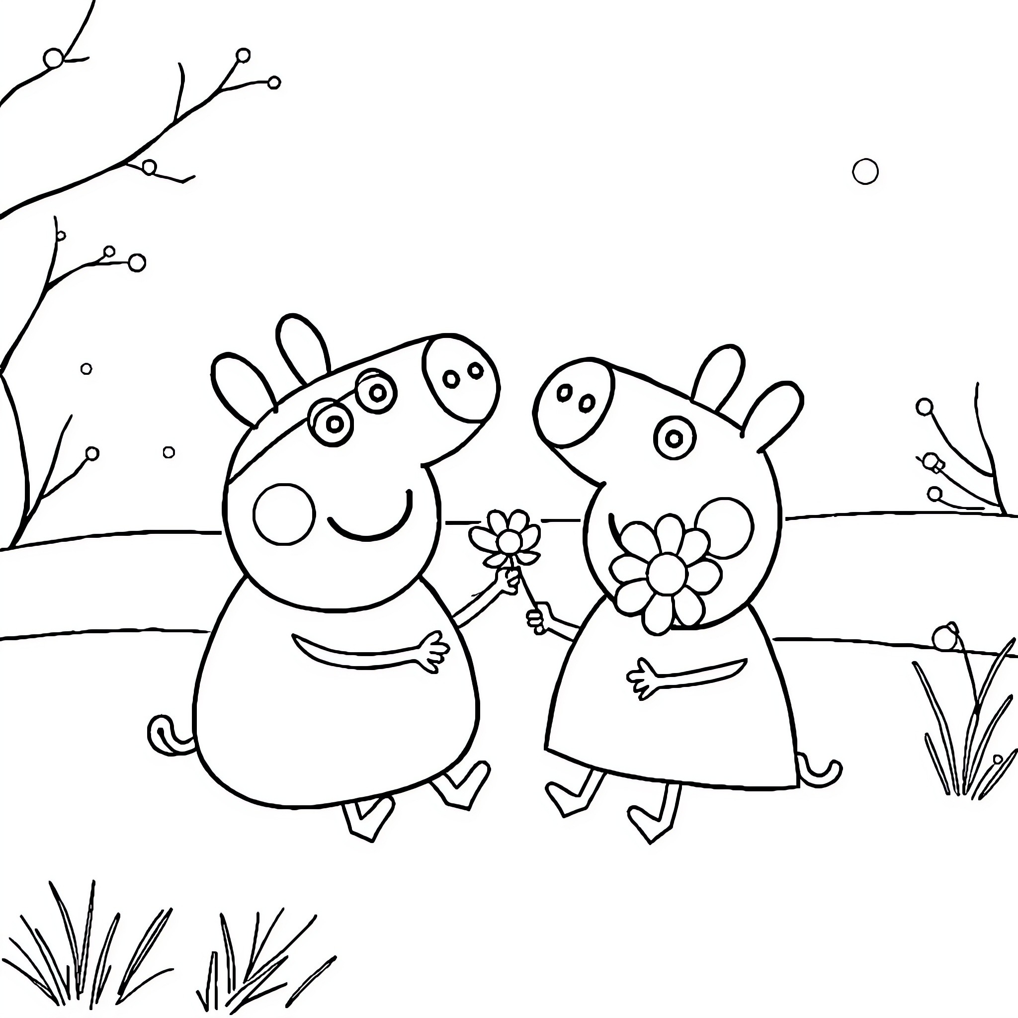 Peppa Pig and friend explore nature together Coloring Page (free black-and-white line drawing printable PDF for all, from beginners to advanced learners, including children, teens, adults, and seniors)