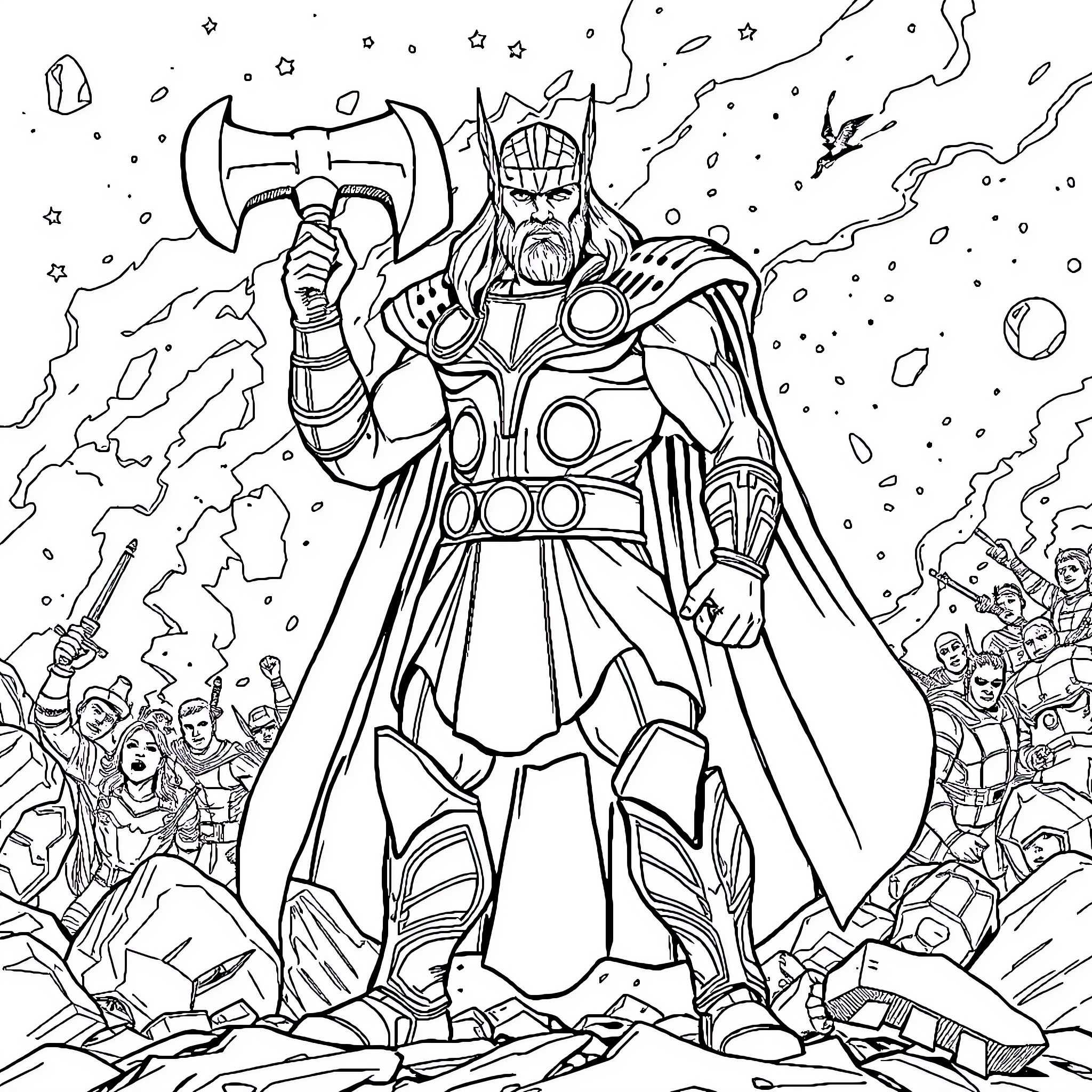 Thor's Mighty Stance Amidst the Cosmic Chaos Coloring Page (free black-and-white line drawing printable PDF for all, from beginners to advanced learners, including children, teens, adults, and seniors)