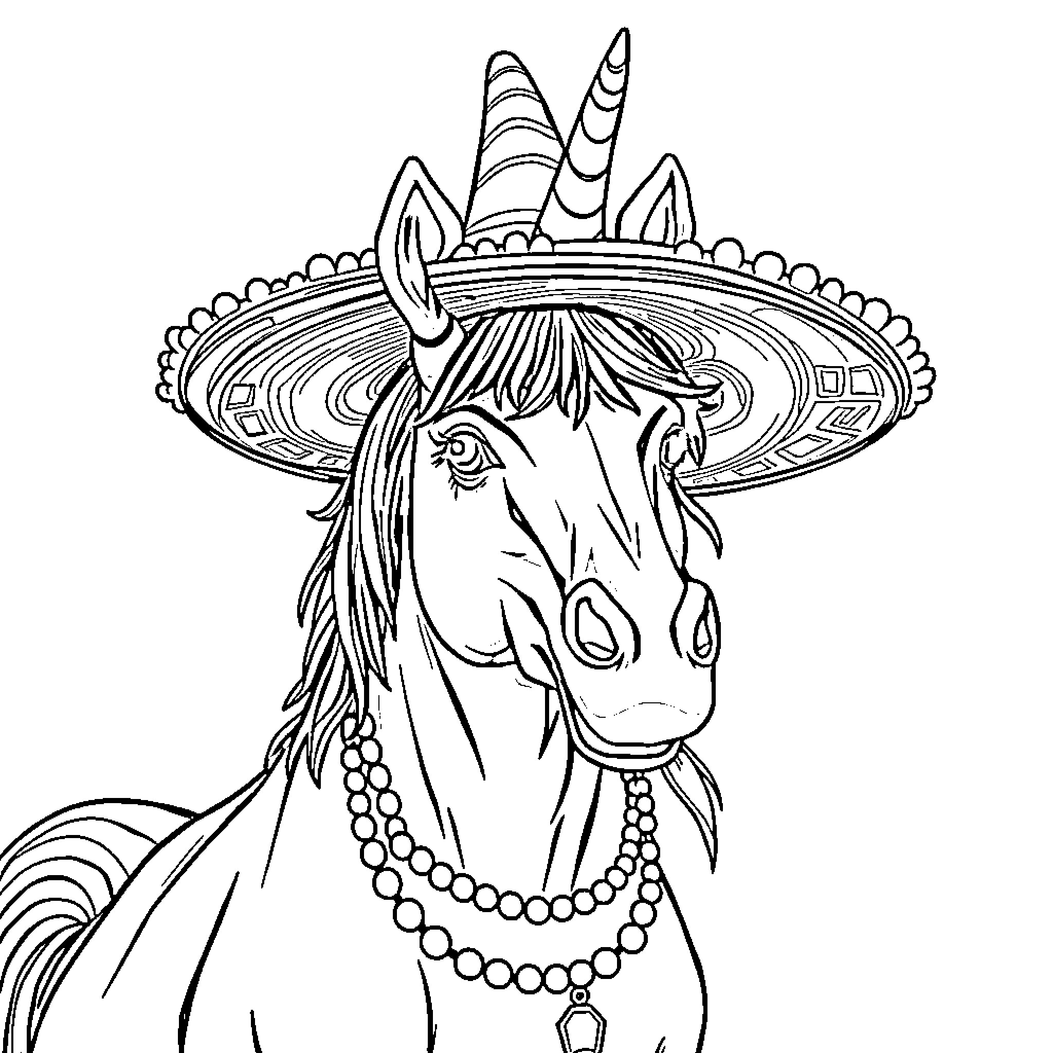 Rhinoceros with Ornate Sombrero-Like Hat Coloring Page (free black-and-white line drawing printable PDF for all, from beginners to advanced learners, including children, teens, adults, and seniors)
