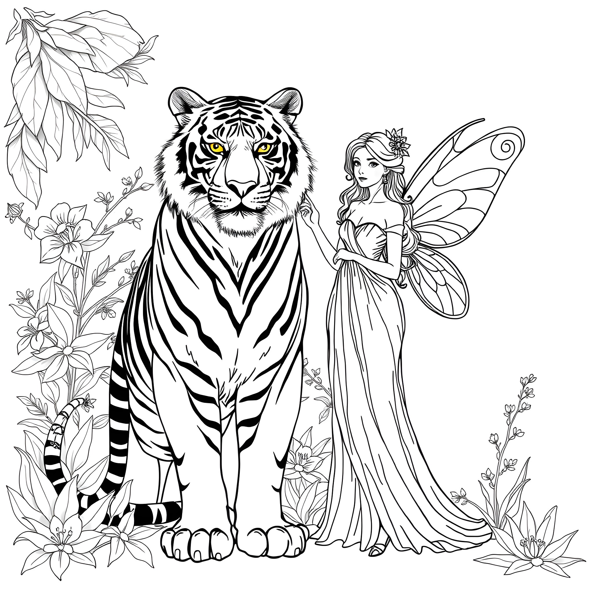 Tiger and Fairy in Floral Wonderland Coloring Page (free black-and-white line drawing printable PDF for all, from beginners to advanced learners, including children, teens, adults, and seniors)