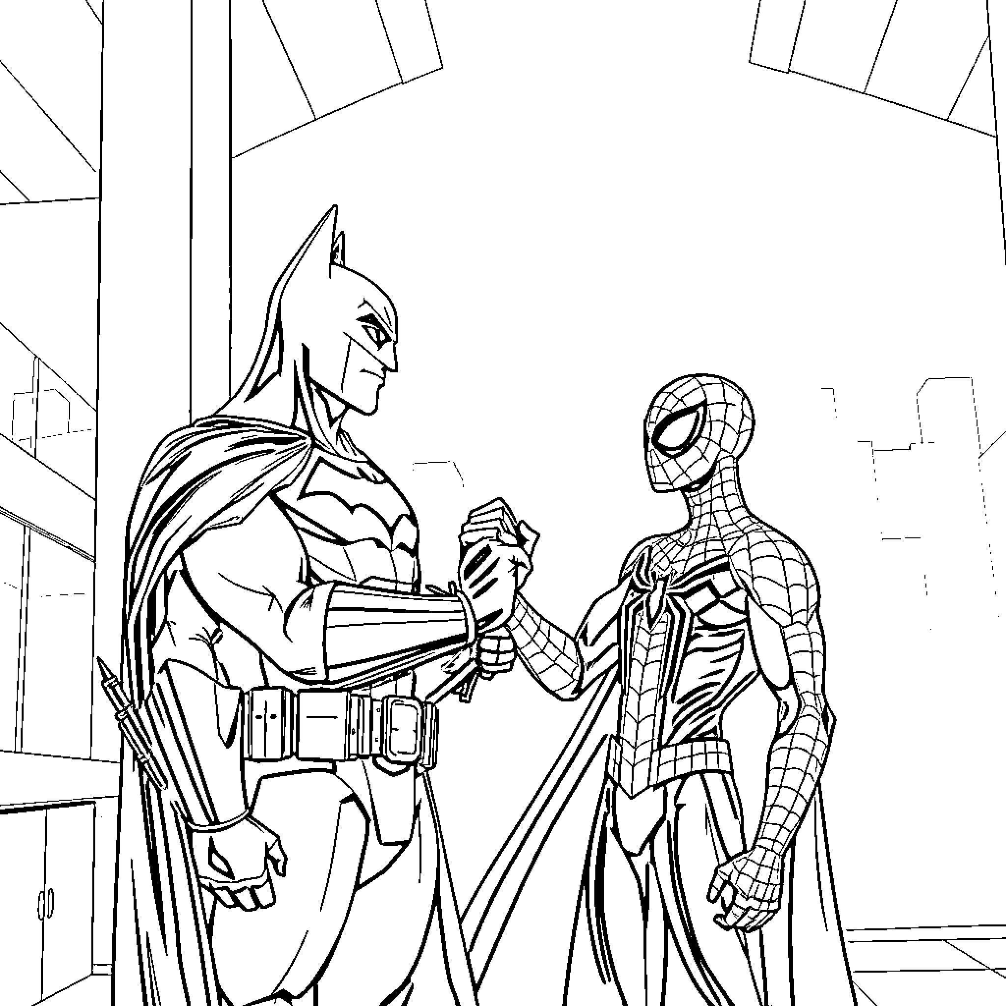 Batman and Spider-Man teaming up in an urban setting Coloring Page (free black-and-white line drawing printable PDF for all, from beginners to advanced learners, including children, teens, adults, and seniors)