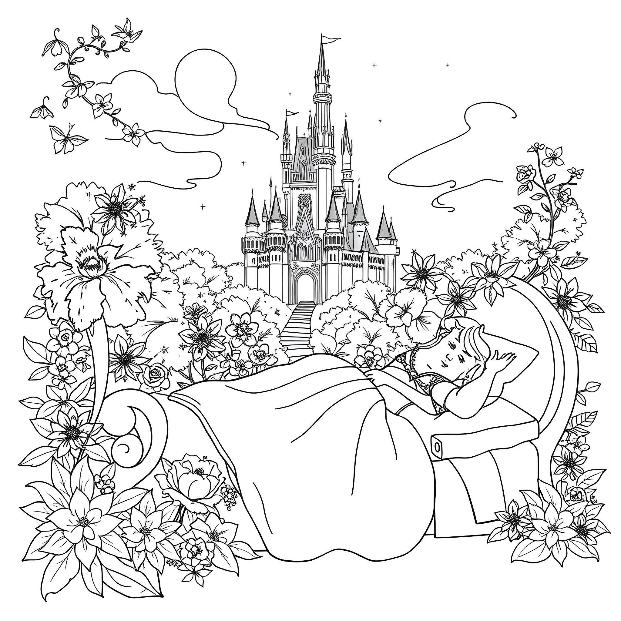 Sleeping Beauty in a Fairy Tale Landscape Coloring Page (free black-and-white line drawing printable PDF for all, from beginners to advanced learners, including children, teens, adults, and seniors)