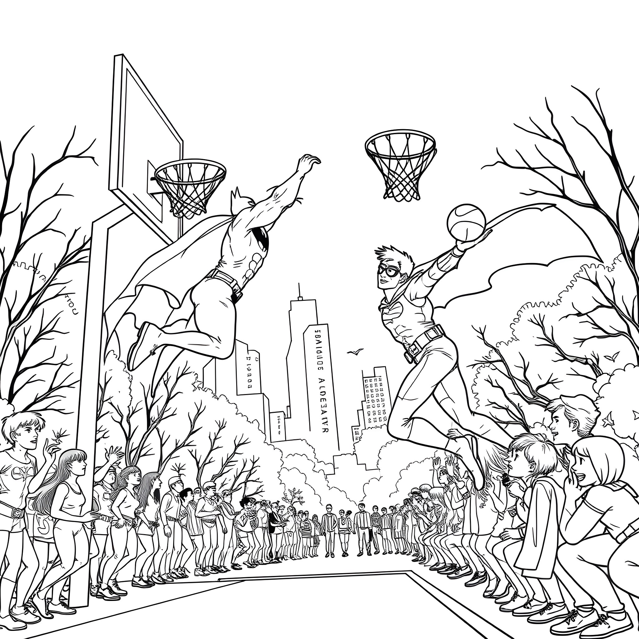 Batman in an epic basketball game with the city in the background Coloring Page (free black-and-white line drawing printable PDF for all, from beginners to advanced learners, including children, teens, adults, and seniors)