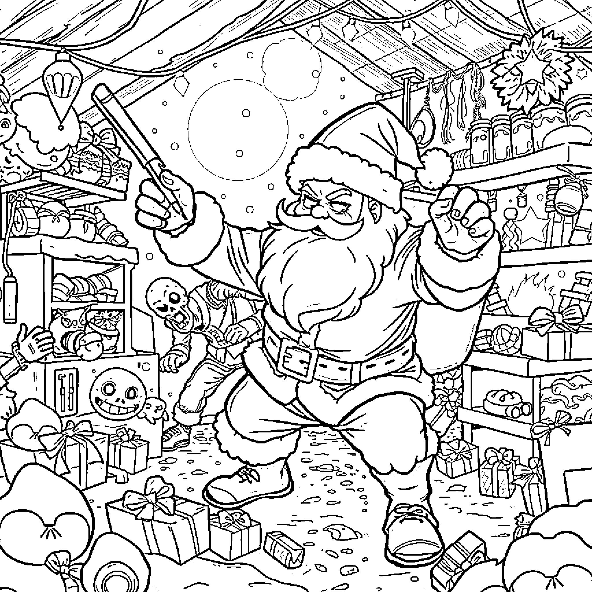 Santa's Festive Adventure in the North Pole Coloring Page (free black-and-white line drawing printable PDF for all, from beginners to advanced learners, including children, teens, adults, and seniors)
