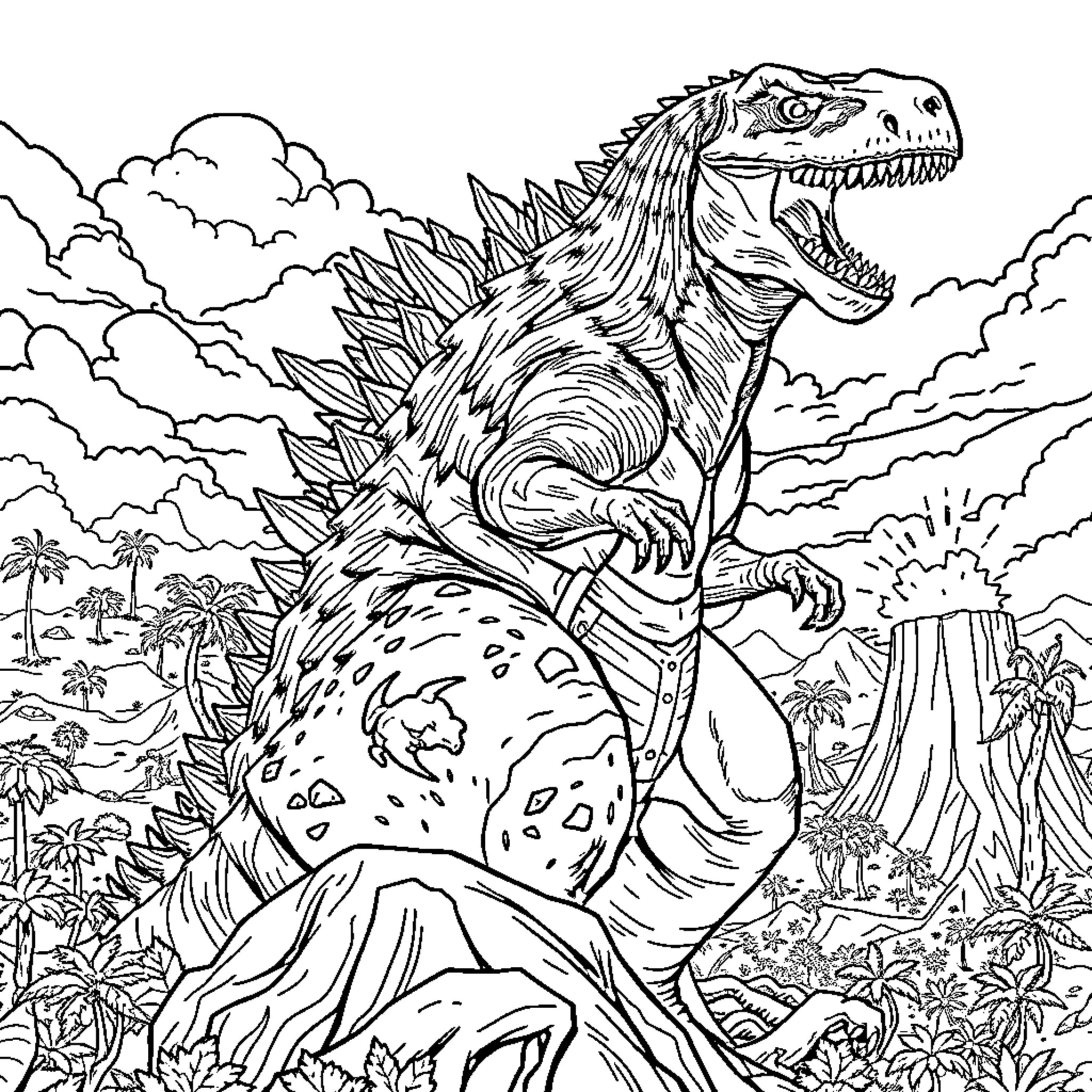 Dinosaur roaring in prehistoric landscape Coloring Page (free black-and-white line drawing printable PDF for all, from beginners to advanced learners, including children, teens, adults, and seniors)