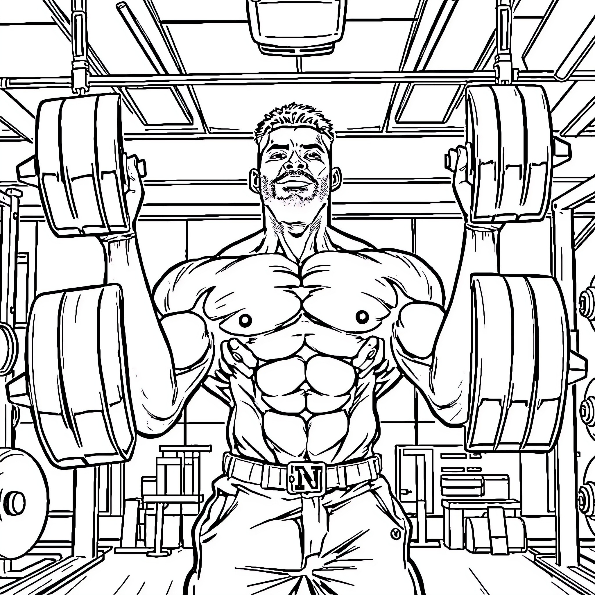 Jhony Bravo weightlifting in the gym Coloring Page (free black-and-white line drawing printable PDF for all, from beginners to advanced learners, including children, teens, adults, and seniors)