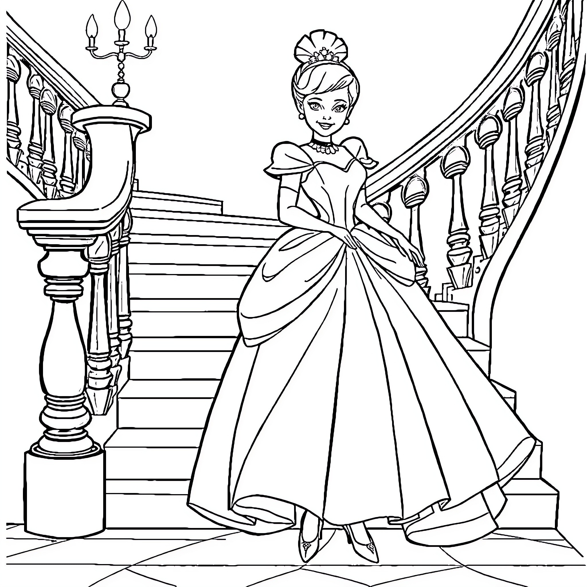 Cinderella on the grand staircase in her ballgown Coloring Page (free black-and-white line drawing printable PDF for all, from beginners to advanced learners, including children, teens, adults, and seniors)