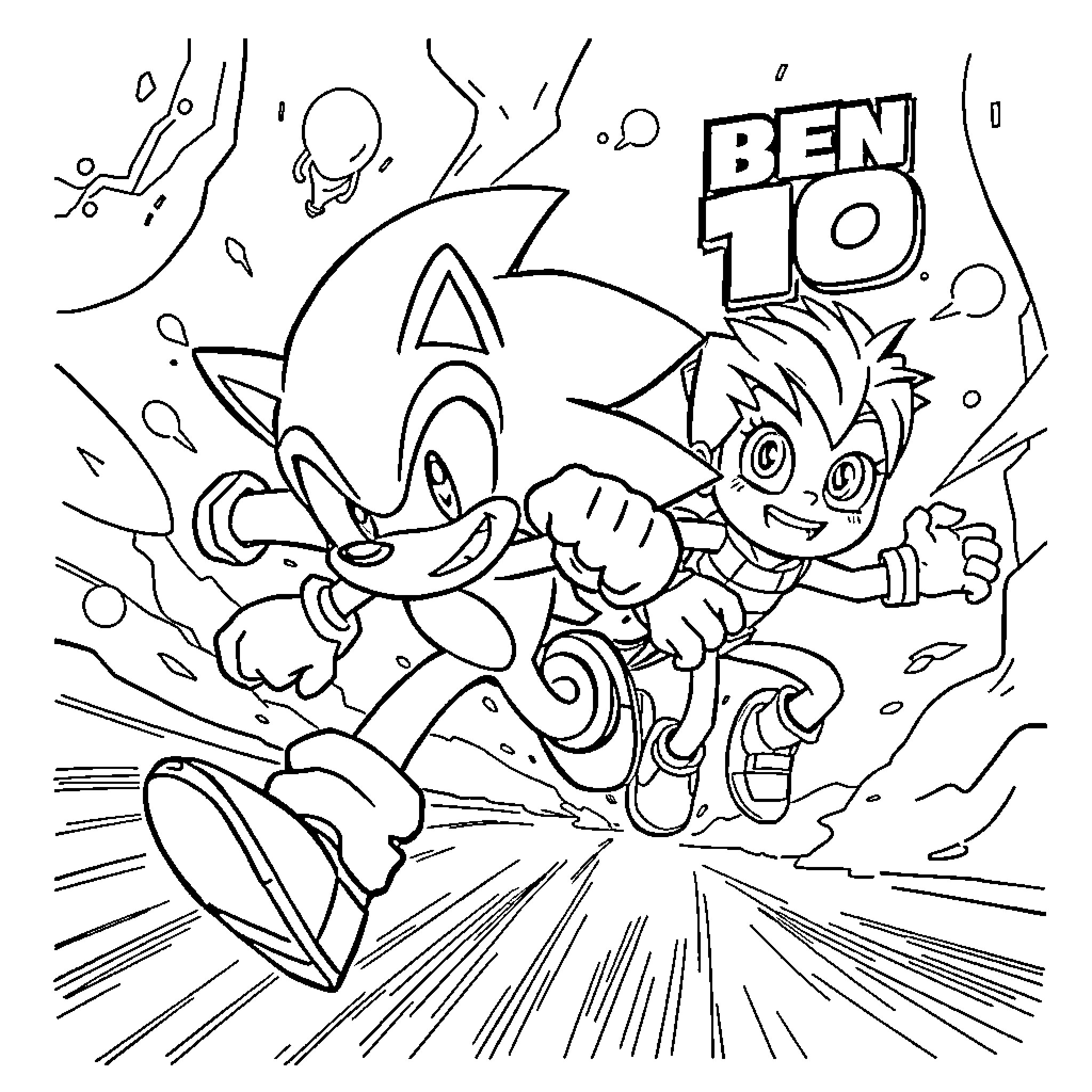 Sonic character in an action-packed scene Coloring Page (free black-and-white line drawing printable PDF for all, from beginners to advanced learners, including children, teens, adults, and seniors)