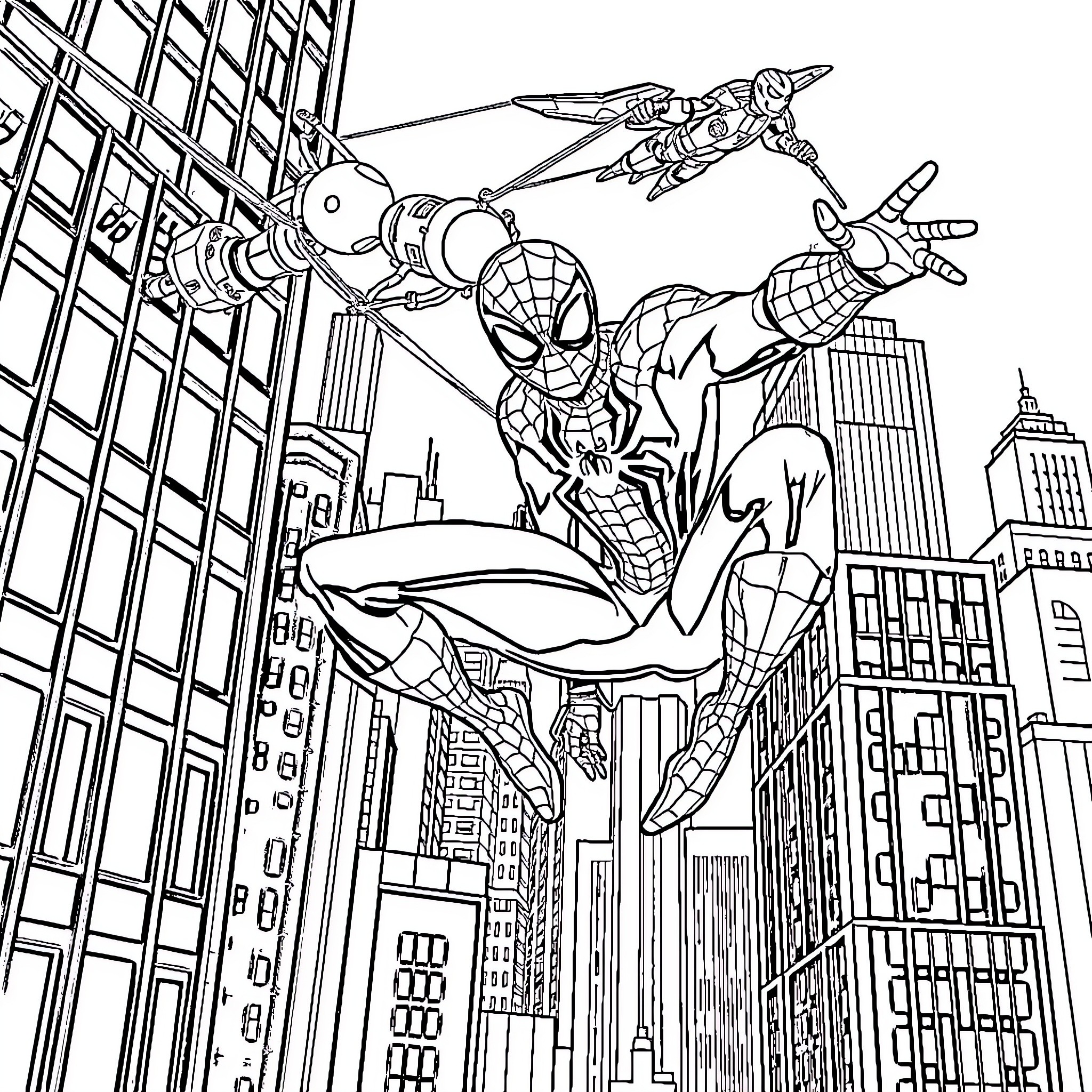 Spider-Man Swinging Through Skyscrapers of the City Coloring Page (free black-and-white line drawing printable PDF for all, from beginners to advanced learners, including children, teens, adults, and seniors)