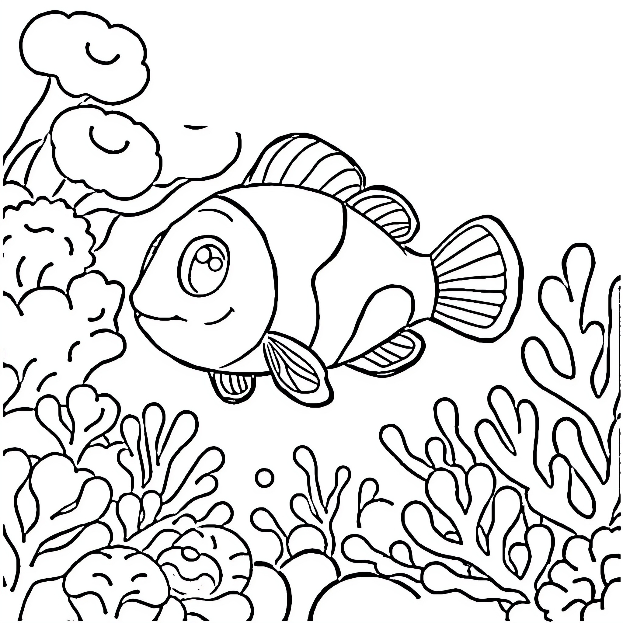 Clownfish swimming playfully in coral reef Coloring Page (free black-and-white line drawing printable PDF for all, from beginners to advanced learners, including children, teens, adults, and seniors)