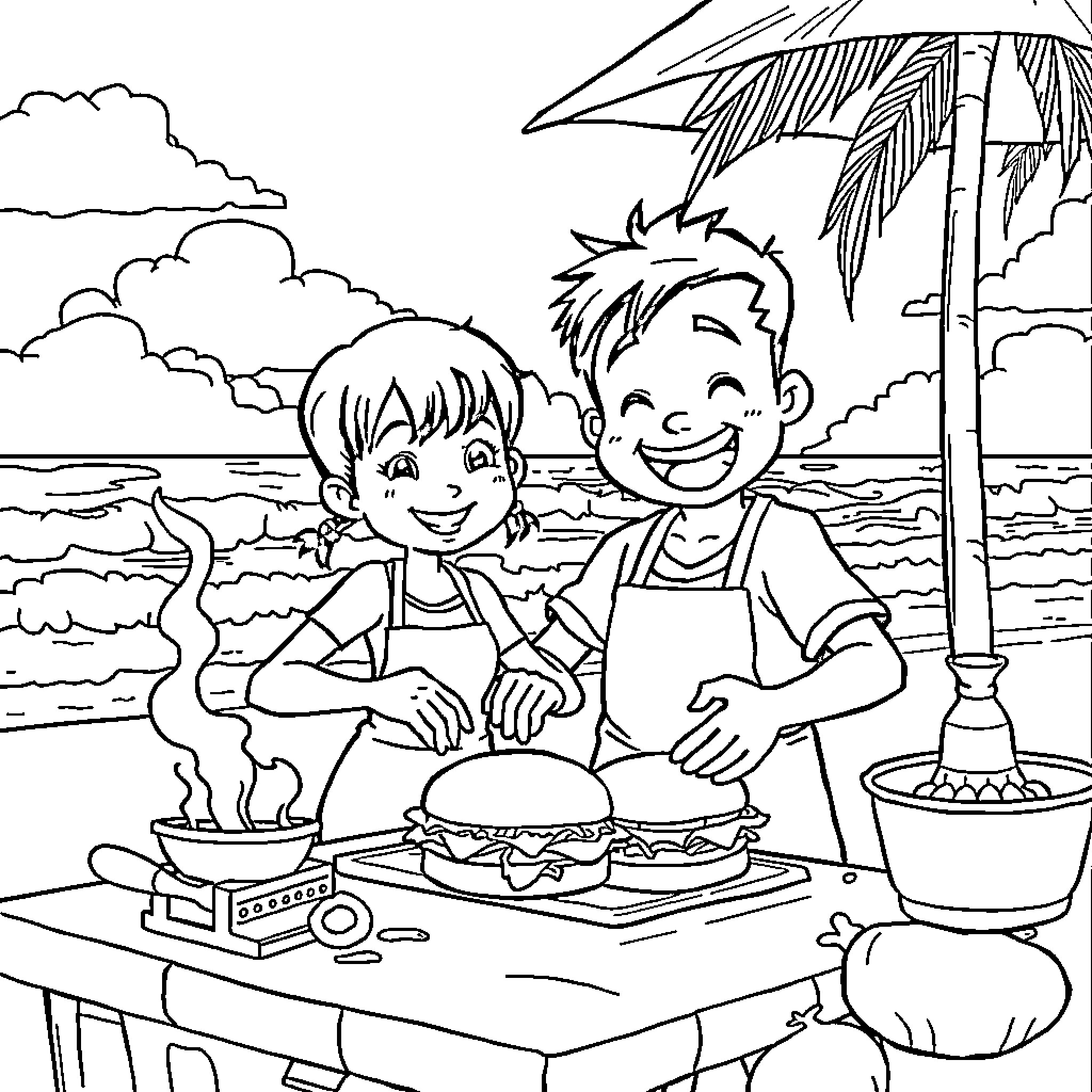 Tung Tung's Tropical Beach Barbecue Coloring Page (free black-and-white line drawing printable PDF for all, from beginners to advanced learners, including children, teens, adults, and seniors)