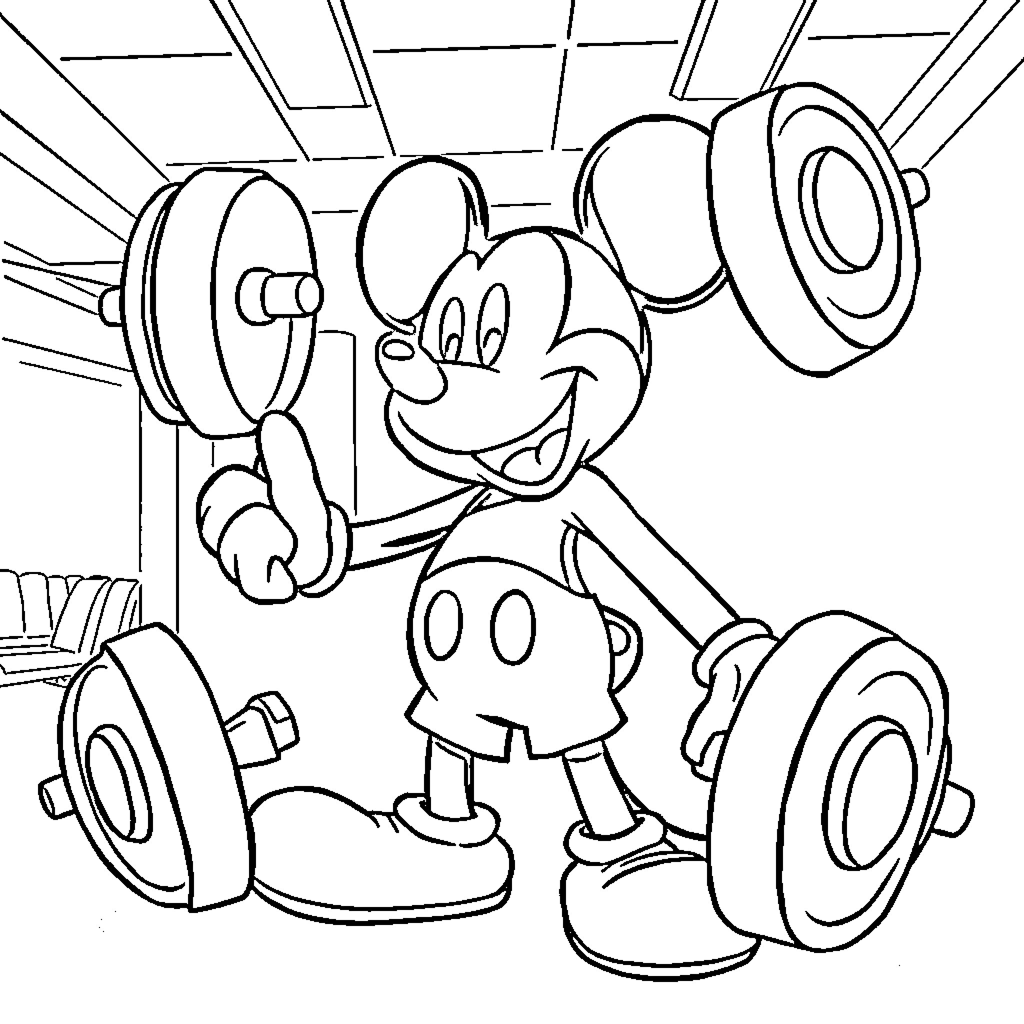 Mickey Mouse lifting weights in the gym Coloring Page (free black-and-white line drawing printable PDF for all, from beginners to advanced learners, including children, teens, adults, and seniors)