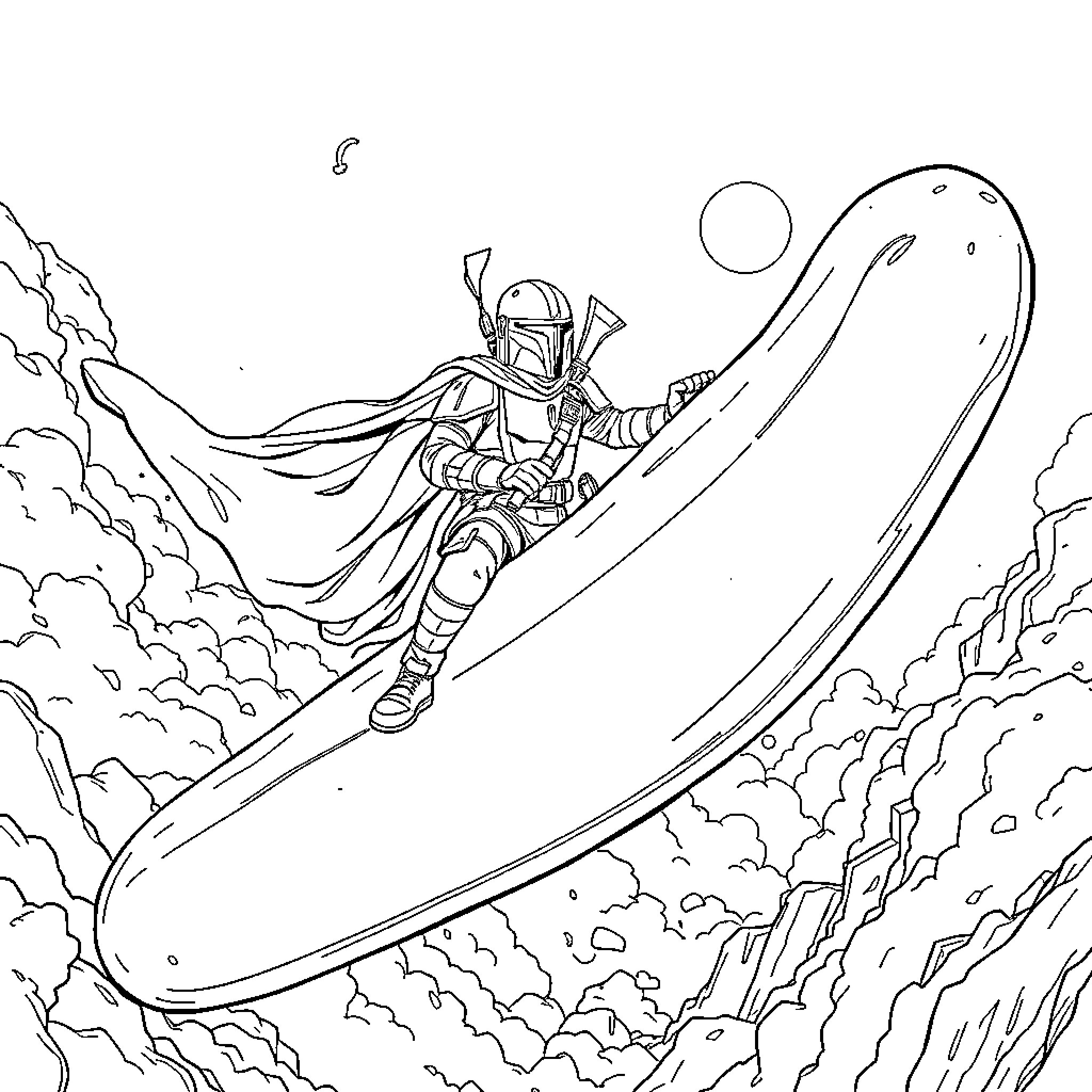Mandalorian soaring through the galaxy Coloring Page (free black-and-white line drawing printable PDF for all, from beginners to advanced learners, including children, teens, adults, and seniors)