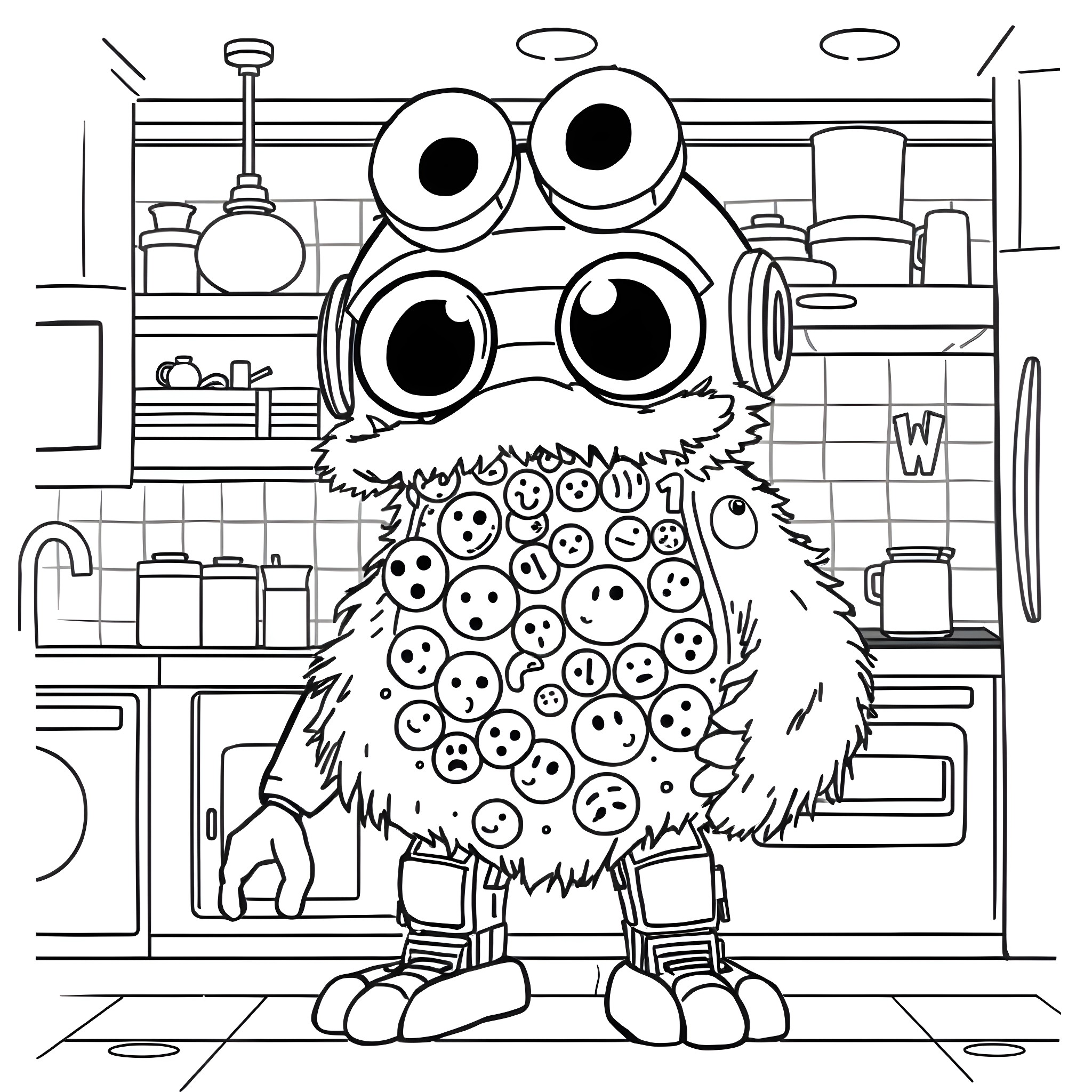 Cookie Monster having a blast in the kitchen Coloring Page (free black-and-white line drawing printable PDF for all, from beginners to advanced learners, including children, teens, adults, and seniors)