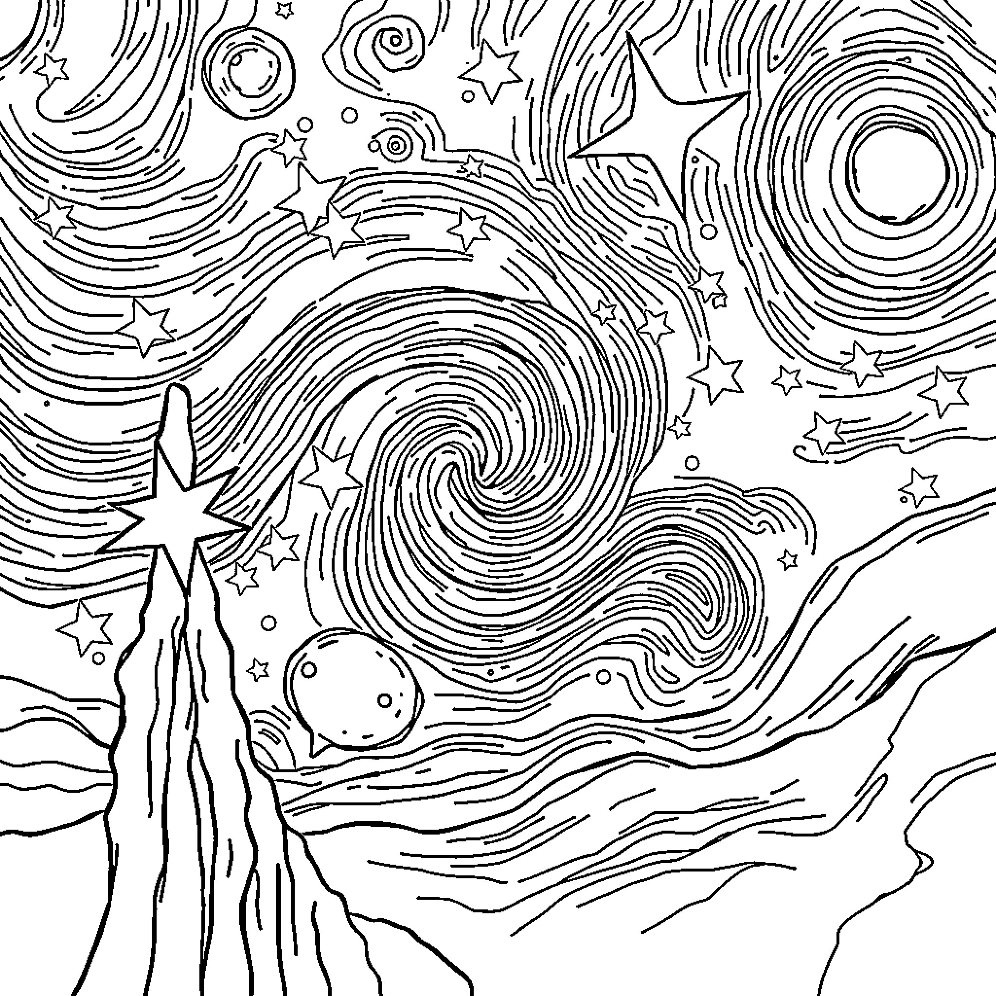 Star-filled Cosmic Swirls and Celestial Scenery Coloring Page (free black-and-white line drawing printable PDF for all, from beginners to advanced learners, including children, teens, adults, and seniors)