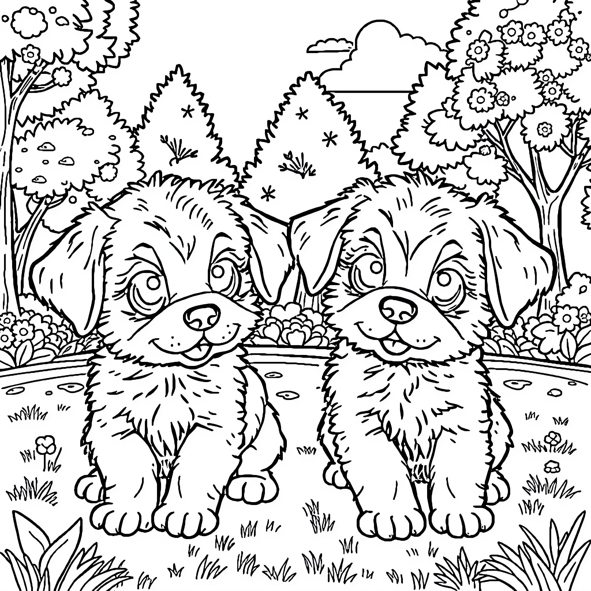 Puppy friends playing in a flowery meadow Coloring Page (free black-and-white line drawing printable PDF for all, from beginners to advanced learners, including children, teens, adults, and seniors)