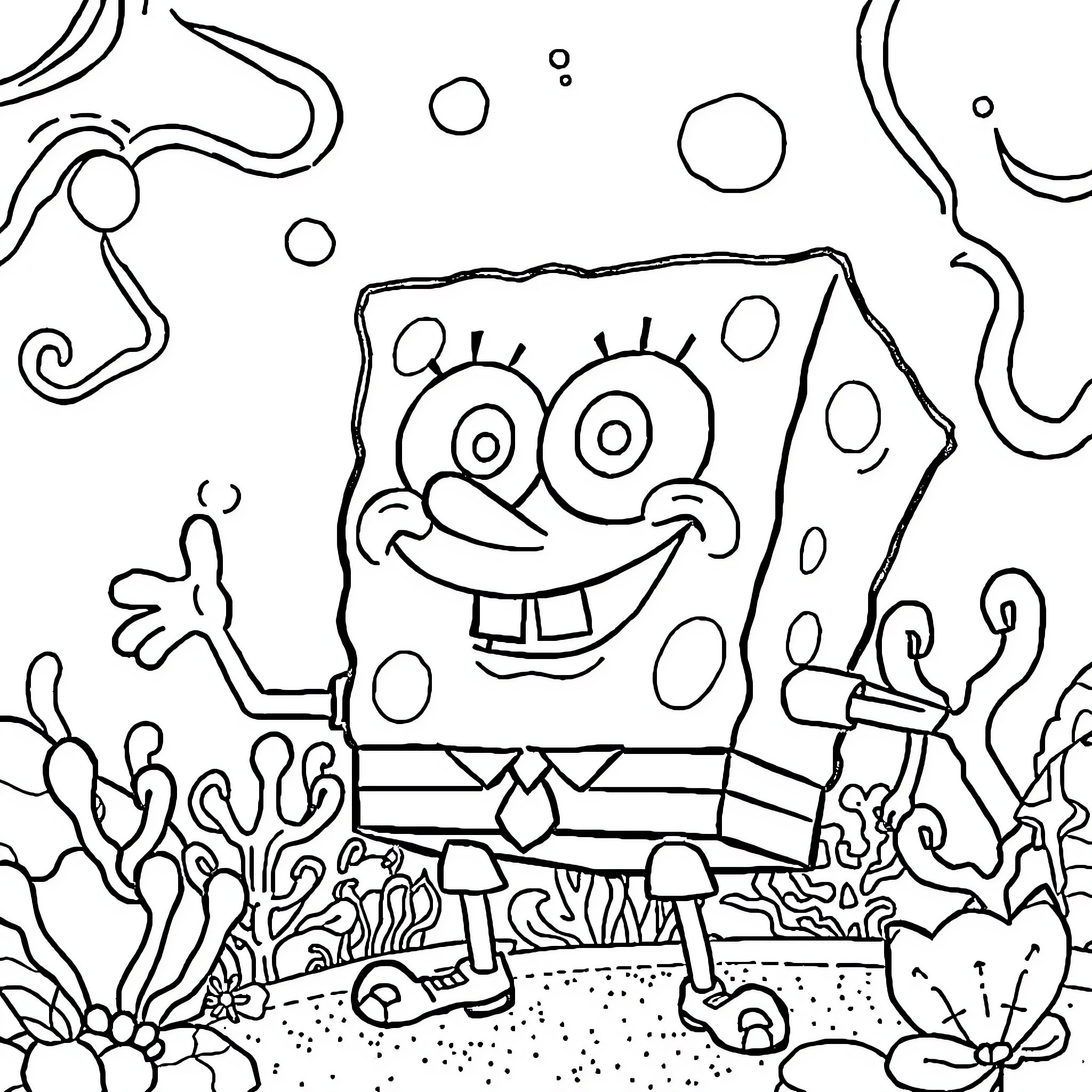 Spongebob's Underwater Adventures Coloring Page (free black-and-white line drawing printable PDF for all, from beginners to advanced learners, including children, teens, adults, and seniors)