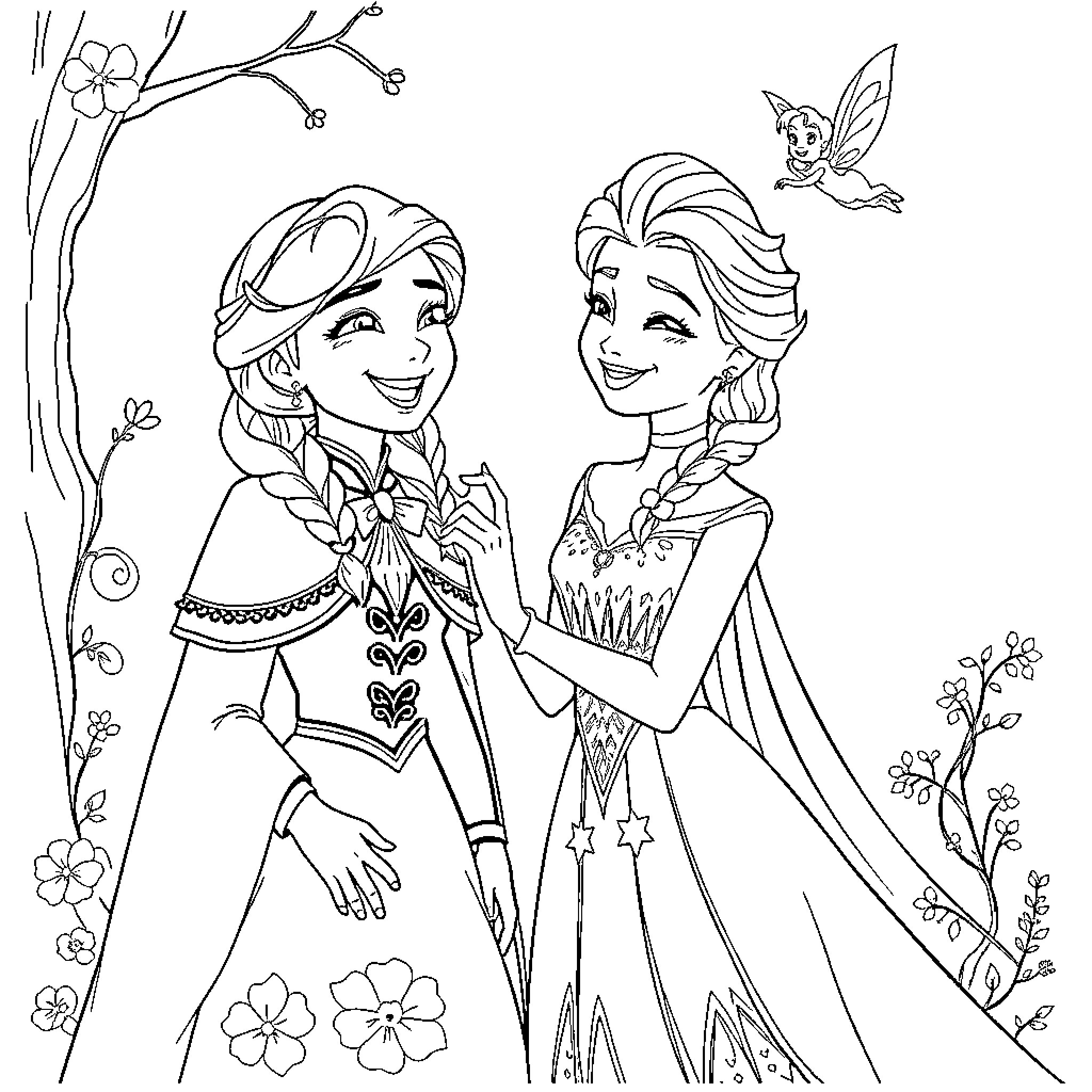 Ana and Elsa sharing a happy moment in nature Coloring Page (free black-and-white line drawing printable PDF for all, from beginners to advanced learners, including children, teens, adults, and seniors)