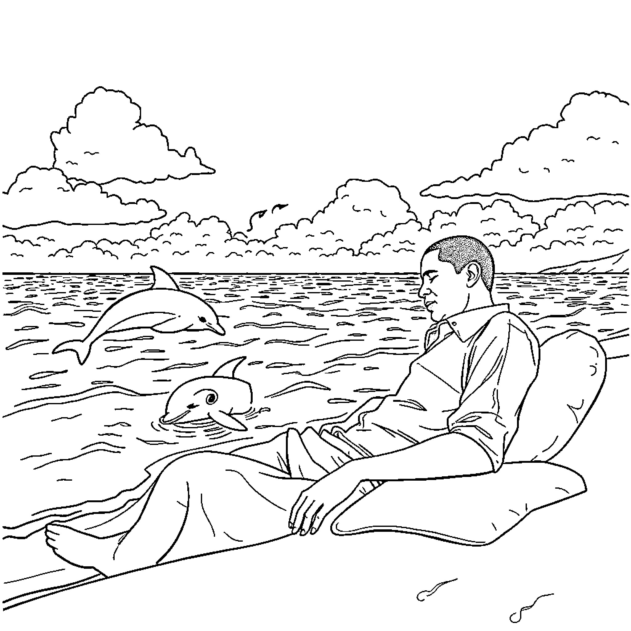 Obama enjoys a peaceful moment with dolphins at the beach Coloring Page (free black-and-white line drawing printable PDF for all, from beginners to advanced learners, including children, teens, adults, and seniors)