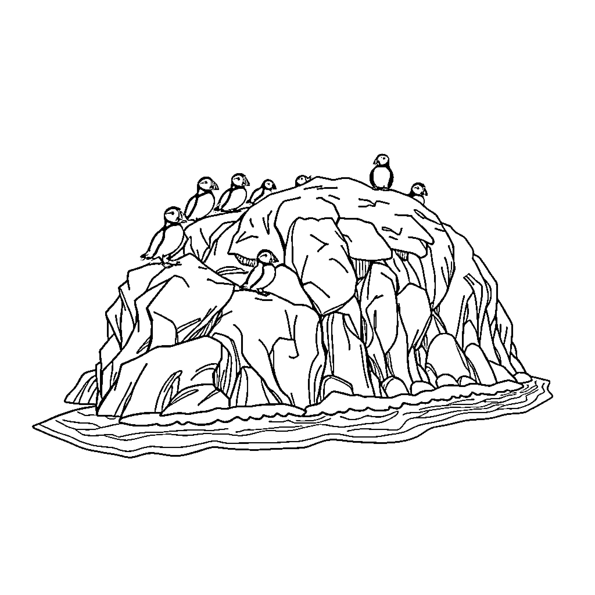 Puffin colony nesting on rocky cliffs Coloring Page (free black-and-white line drawing printable PDF for all, from beginners to advanced learners, including children, teens, adults, and seniors)