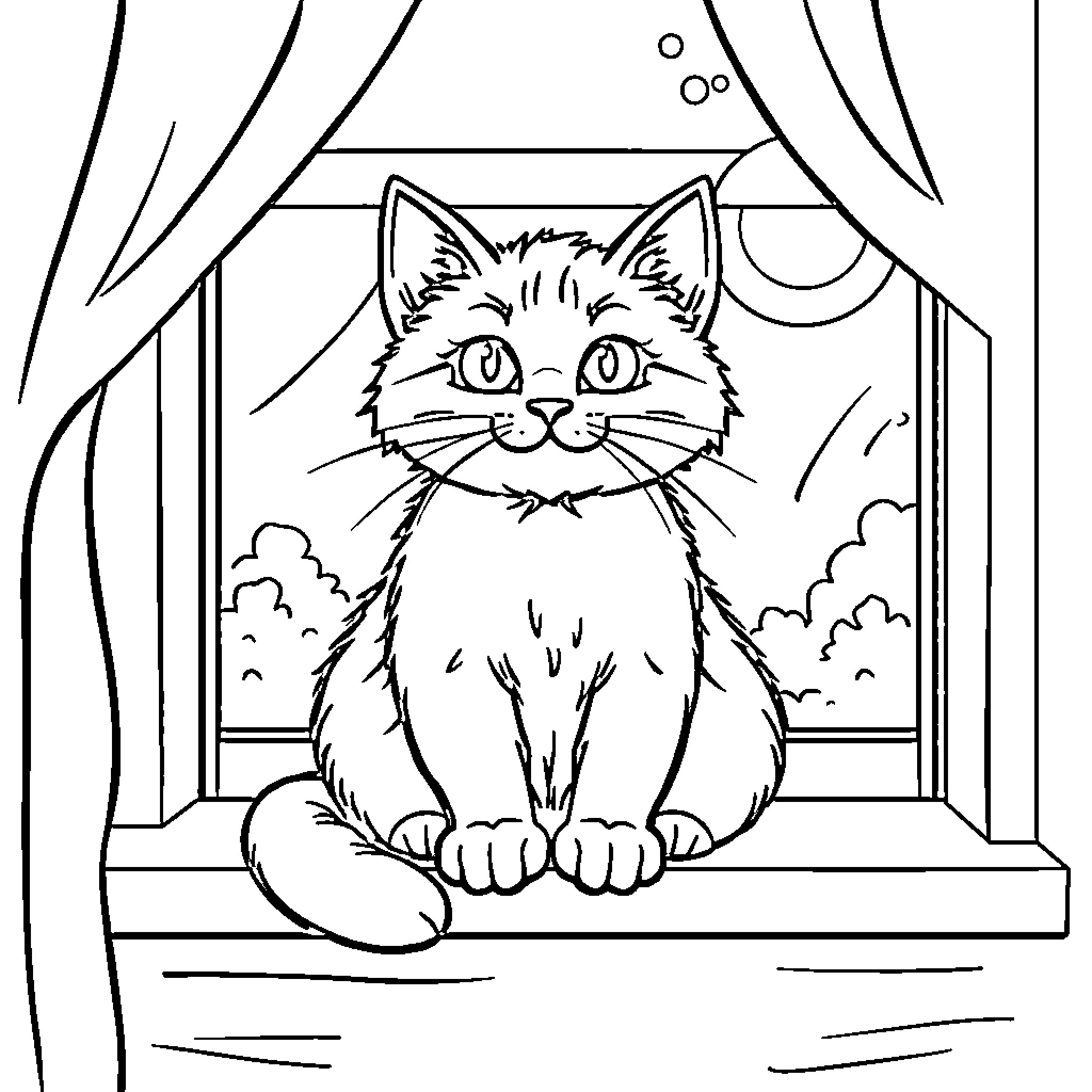 Cat peering curiously through the window Coloring Page (free black-and-white line drawing printable PDF for all, from beginners to advanced learners, including children, teens, adults, and seniors)