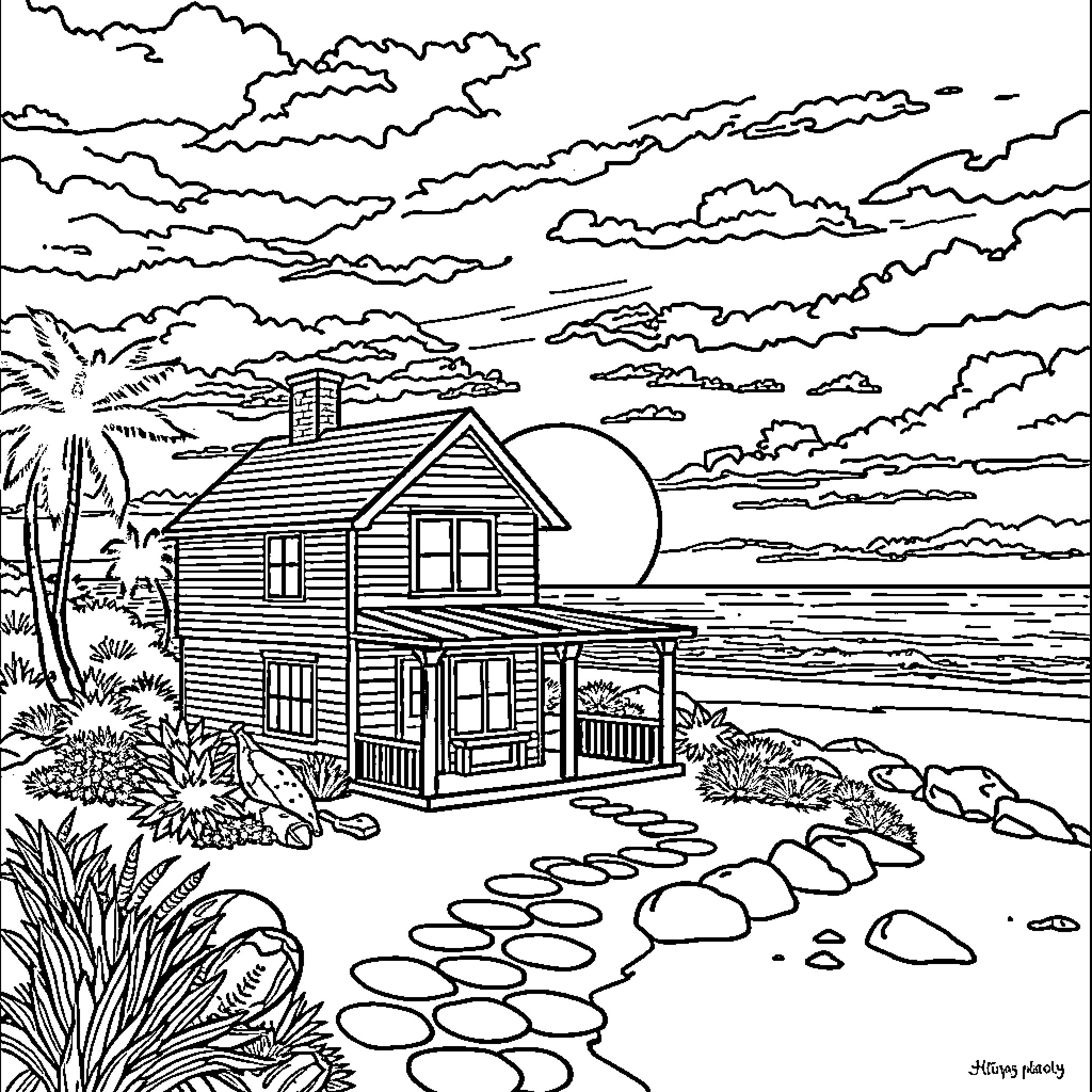 House by the beach with palm trees and clouds Coloring Page (free black-and-white line drawing printable PDF for all, from beginners to advanced learners, including children, teens, adults, and seniors)