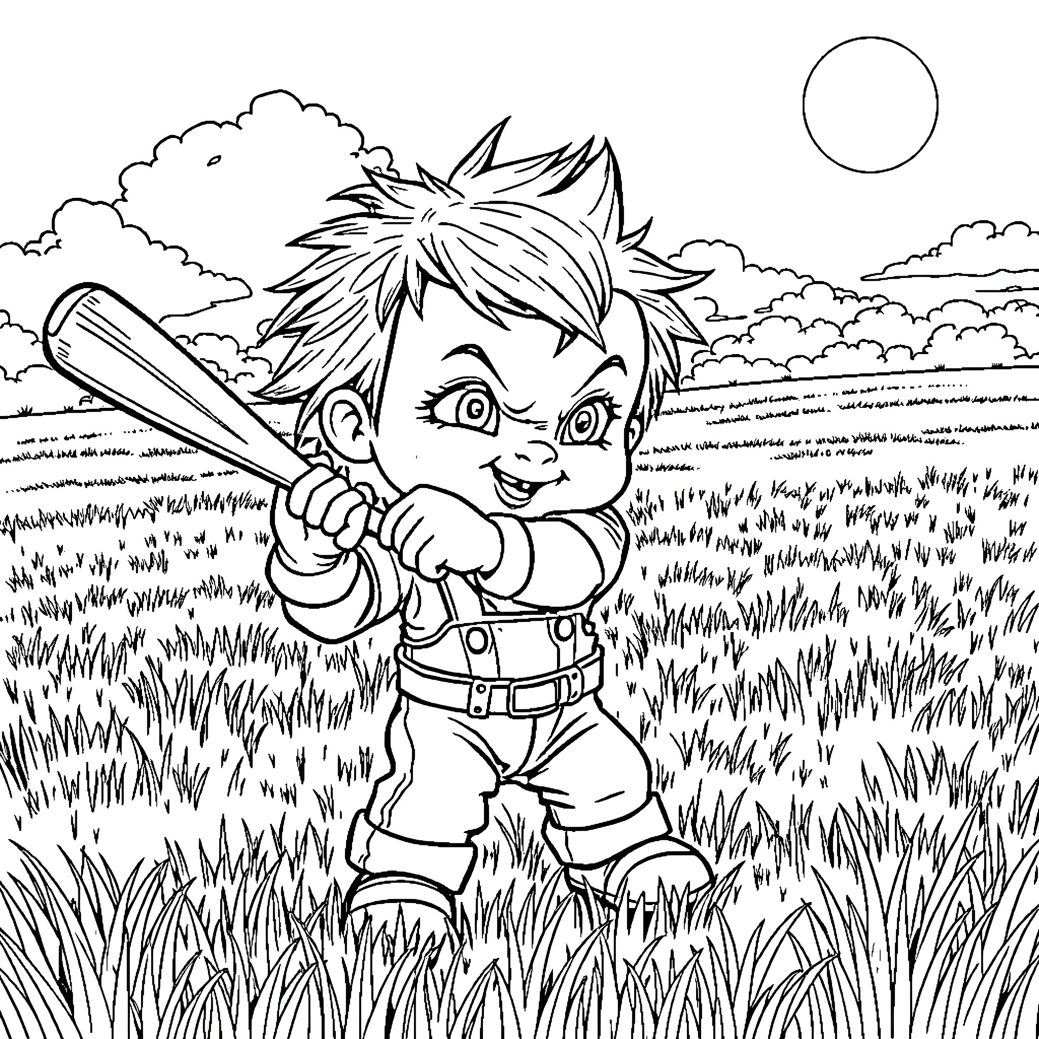 Chucky's Outdoor Adventure Coloring Page (free black-and-white line drawing printable PDF for all, from beginners to advanced learners, including children, teens, adults, and seniors)