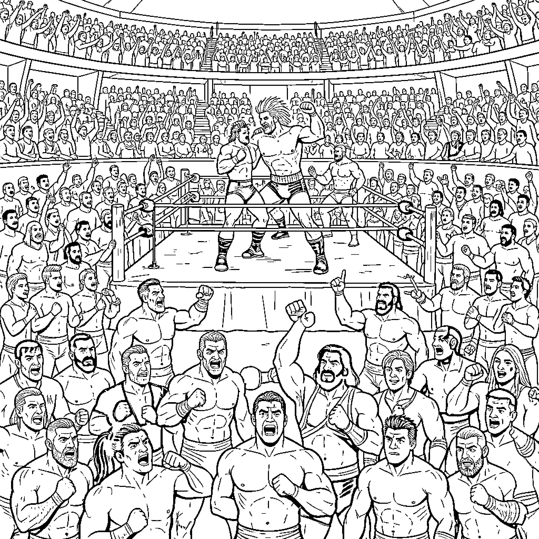 WM26 Wrestlers competing intensely inside a crowded arena Coloring Page (free black-and-white line drawing printable PDF for all, from beginners to advanced learners, including children, teens, adults, and seniors)