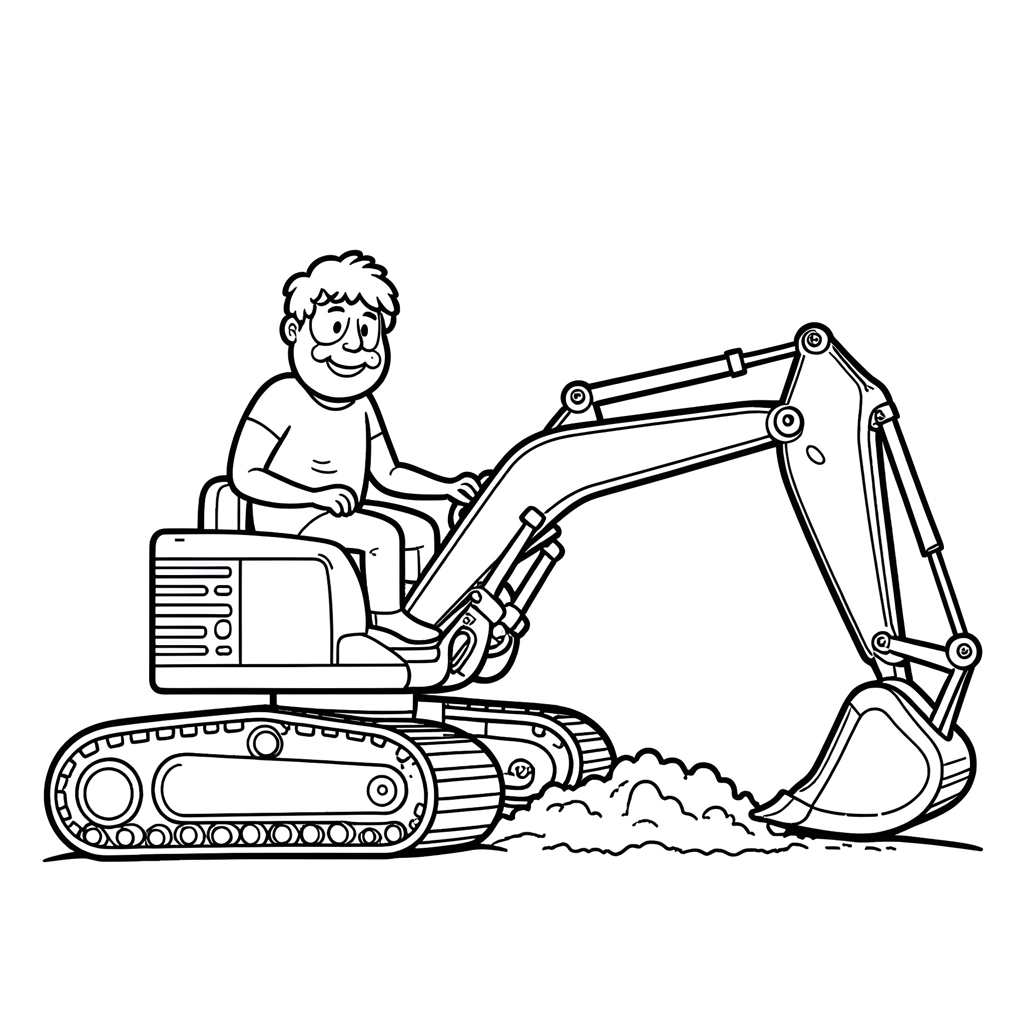 Caveman operating a modern excavator machine Coloring Page (free black-and-white line drawing printable PDF for all, from beginners to advanced learners, including children, teens, adults, and seniors)