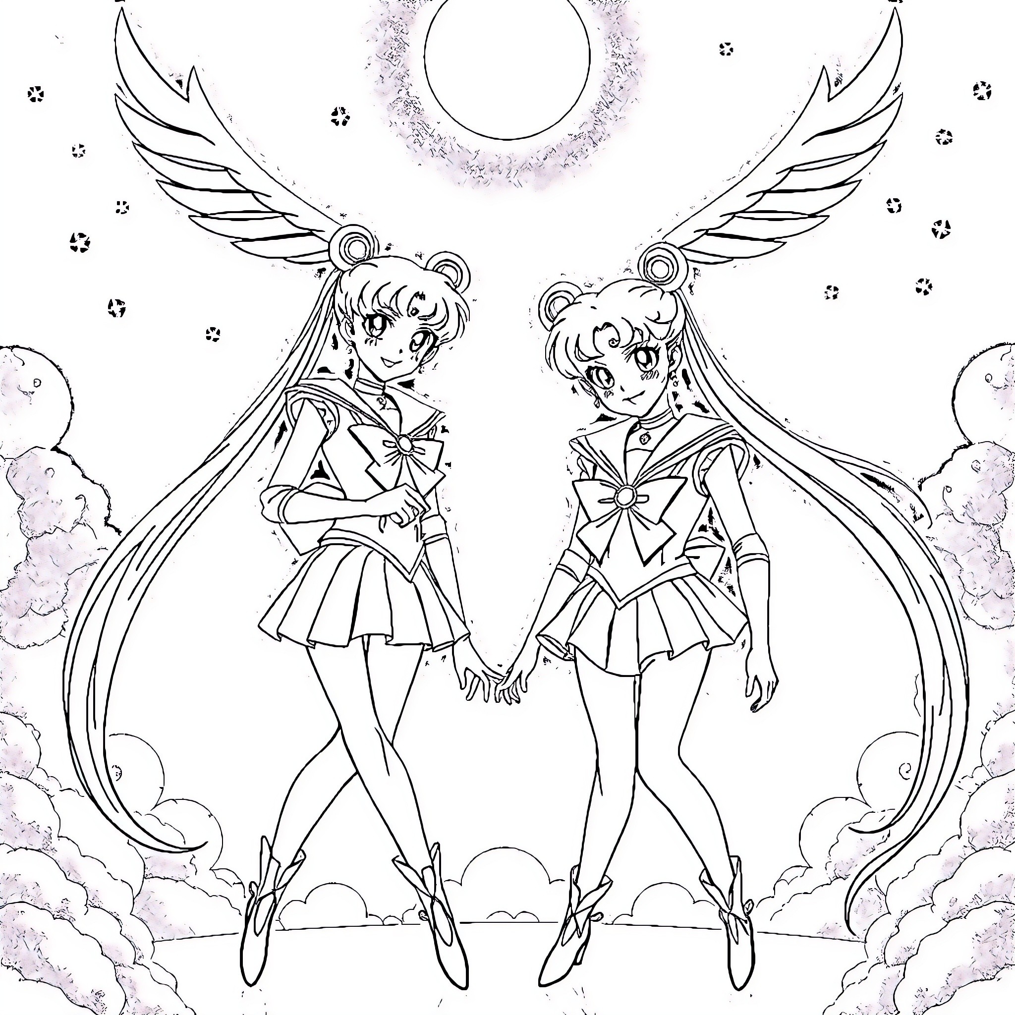 Sailor Moon characters in winged uniforms against celestial backdrop Coloring Page (free black-and-white line drawing printable PDF for all, from beginners to advanced learners, including children, teens, adults, and seniors)