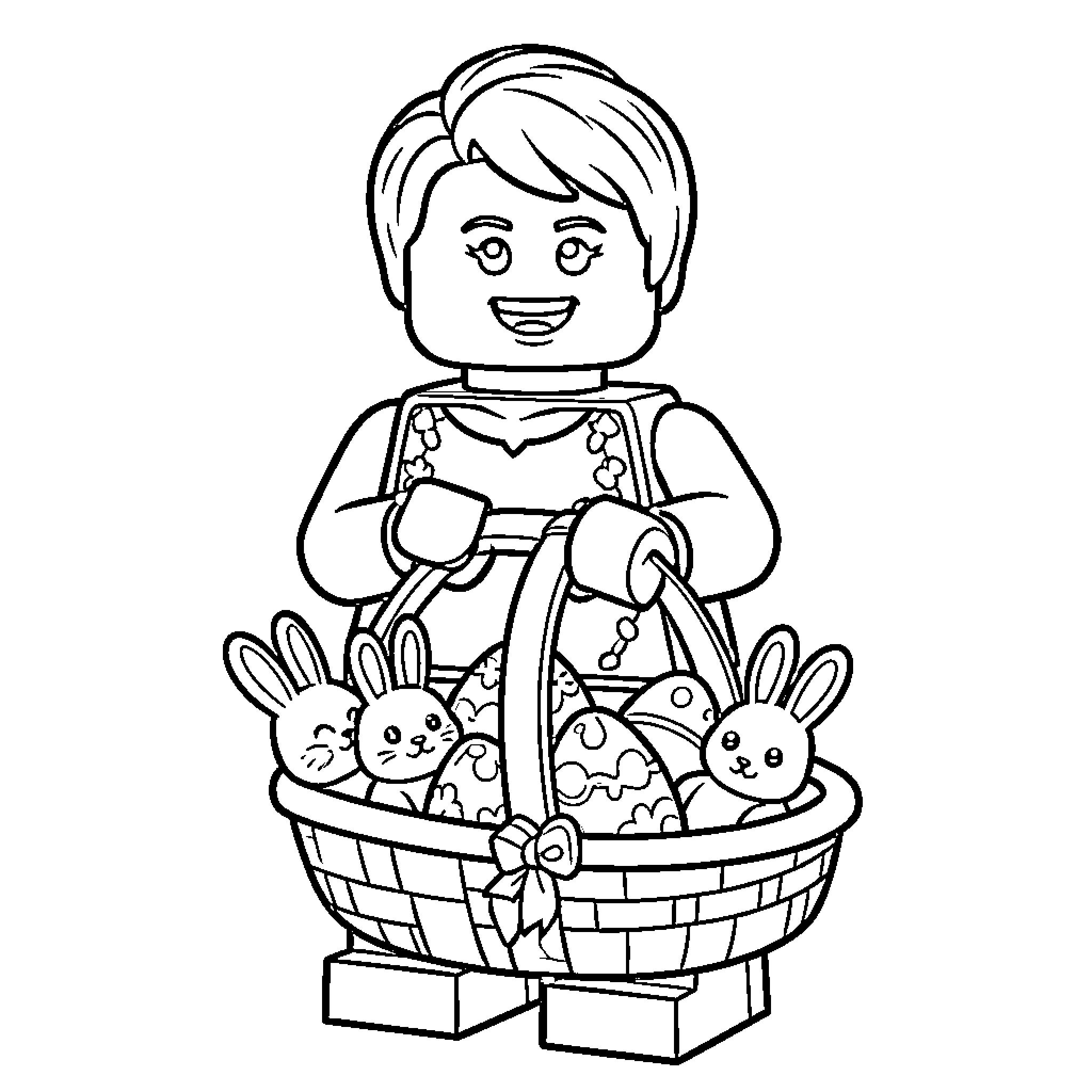 LEGO Character Holding Basket of Cute Bunnies Coloring Page (free black-and-white line drawing printable PDF for all, from beginners to advanced learners, including children, teens, adults, and seniors)