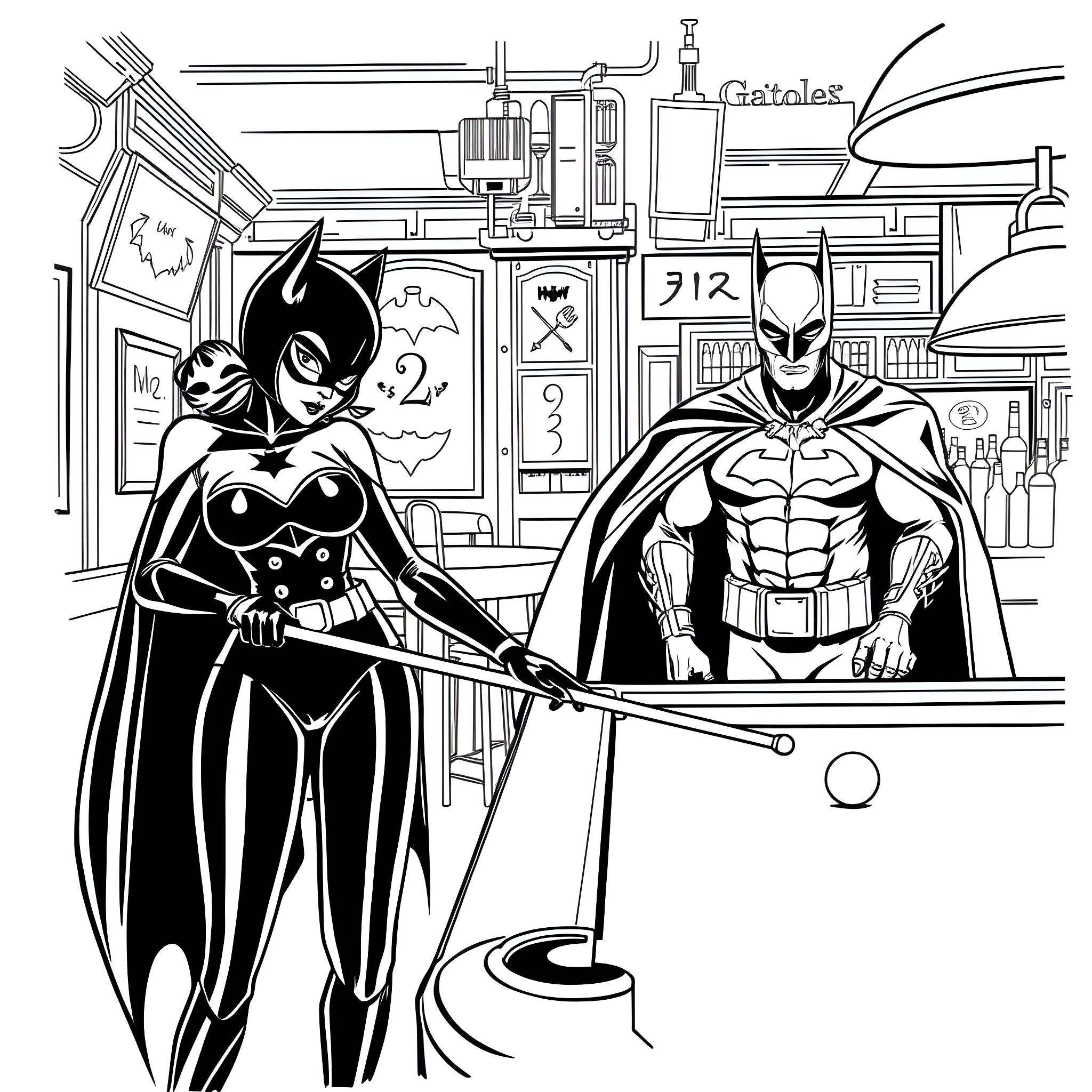 Catwoman and Batman in Gotham City Coloring Page (free black-and-white line drawing printable PDF for all, from beginners to advanced learners, including children, teens, adults, and seniors)