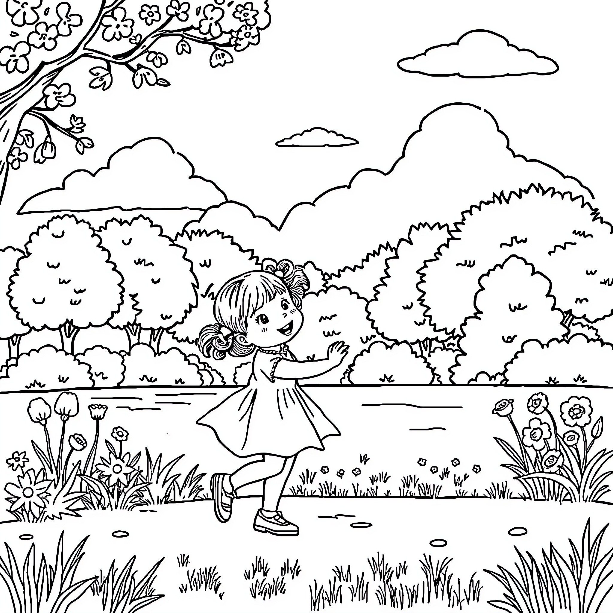 Girl exploring the beautiful nature scene Coloring Page (free black-and-white line drawing printable PDF for all, from beginners to advanced learners, including children, teens, adults, and seniors)