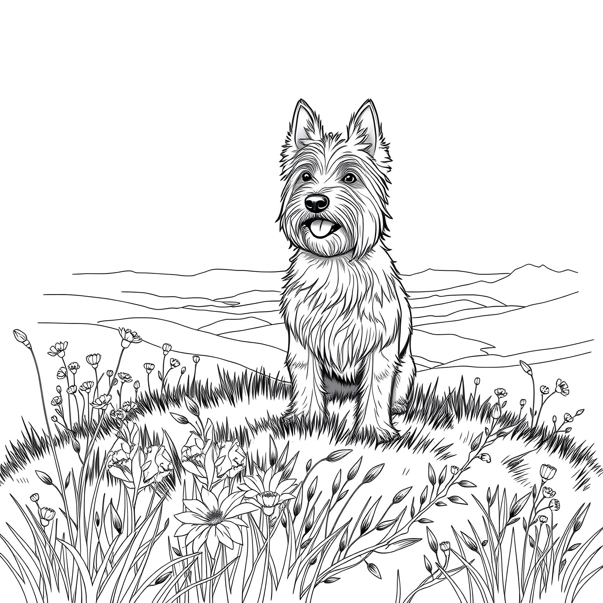 Australian Terrier standing in a field of flowers Coloring Page (free black-and-white line drawing printable PDF for all, from beginners to advanced learners, including children, teens, adults, and seniors)
