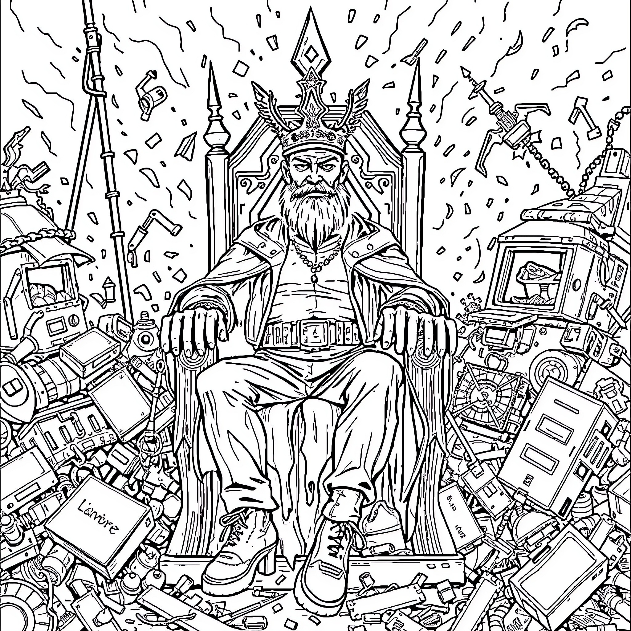 Drachenlord seated on an ornate throne surrounded by various technological items Coloring Page (free black-and-white line drawing printable PDF for all, from beginners to advanced learners, including children, teens, adults, and seniors)