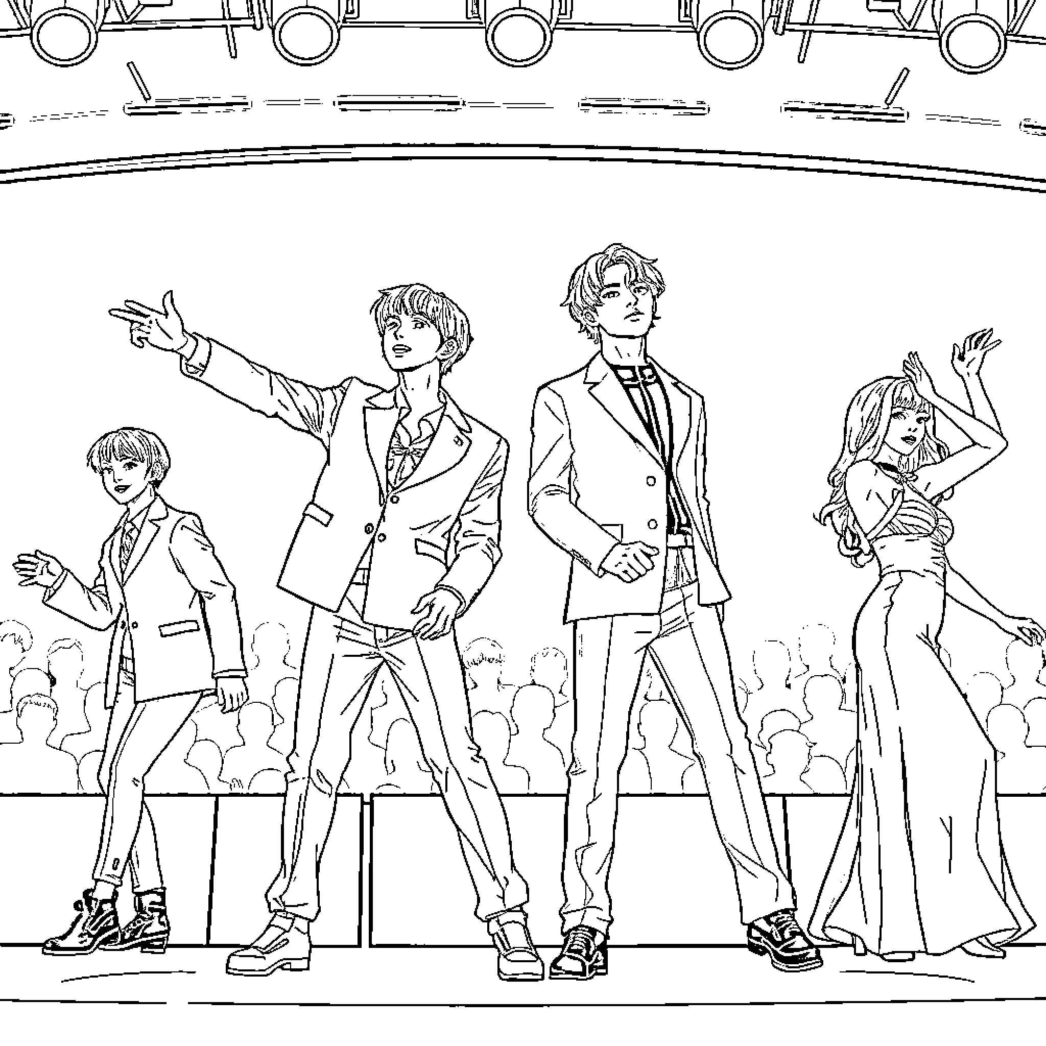 Kpop Idol Group Performing on Stage Coloring Page (free black-and-white line drawing printable PDF for all, from beginners to advanced learners, including children, teens, adults, and seniors)