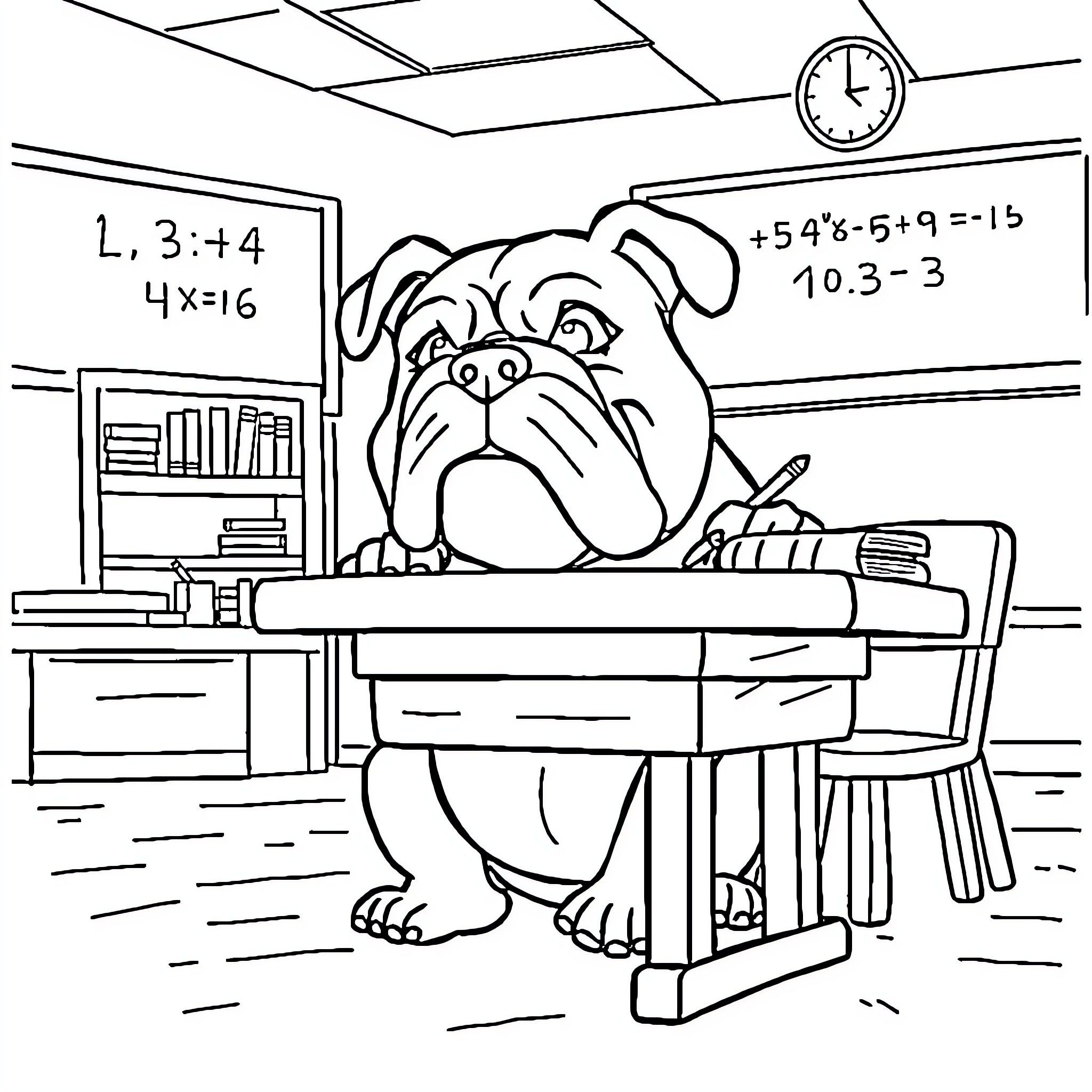 Bulldog studying in the classroom Coloring Page (free black-and-white line drawing printable PDF for all, from beginners to advanced learners, including children, teens, adults, and seniors)