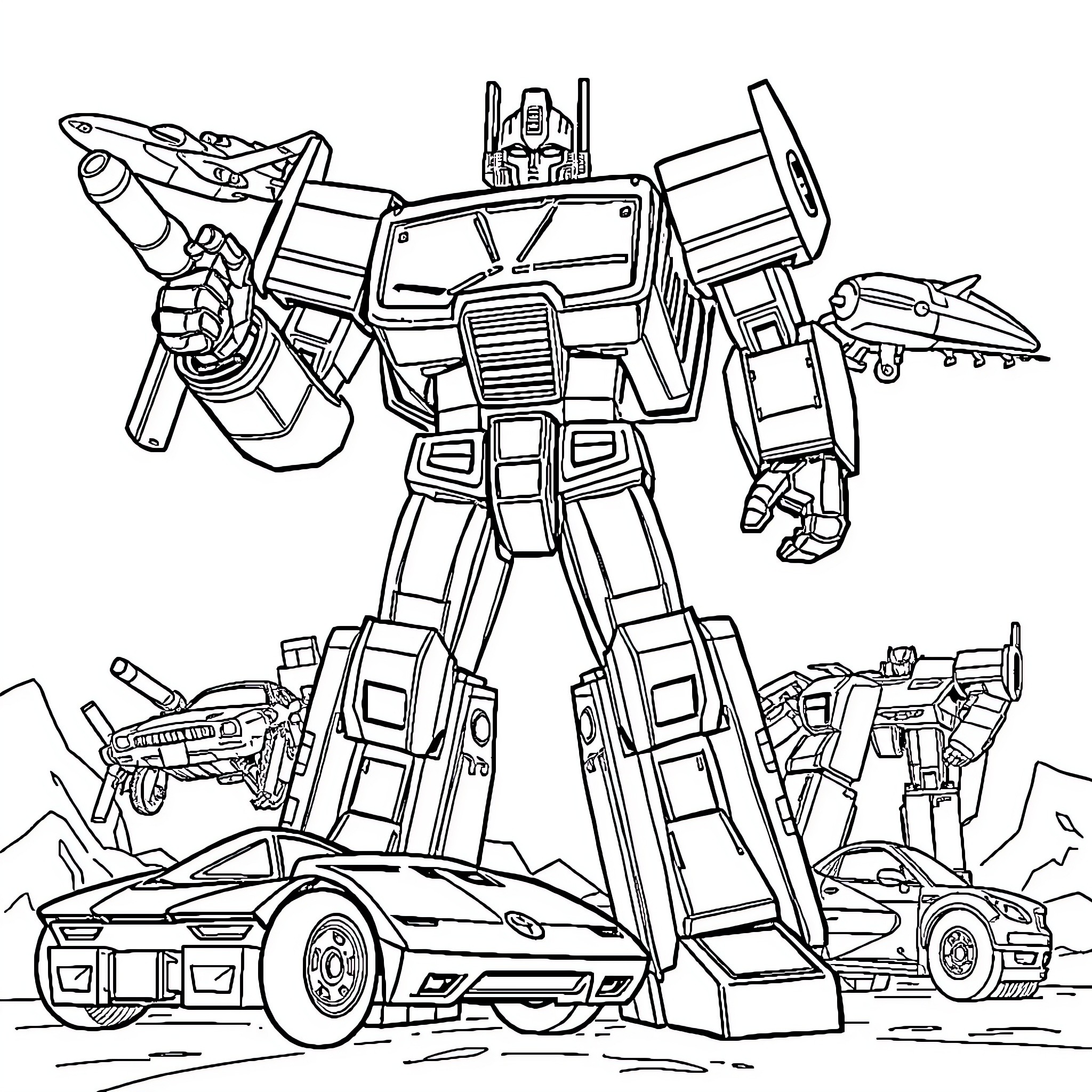 Transformer Robots in Fierce Battle with Vehicles Coloring Page (free black-and-white line drawing printable PDF for all, from beginners to advanced learners, including children, teens, adults, and seniors)