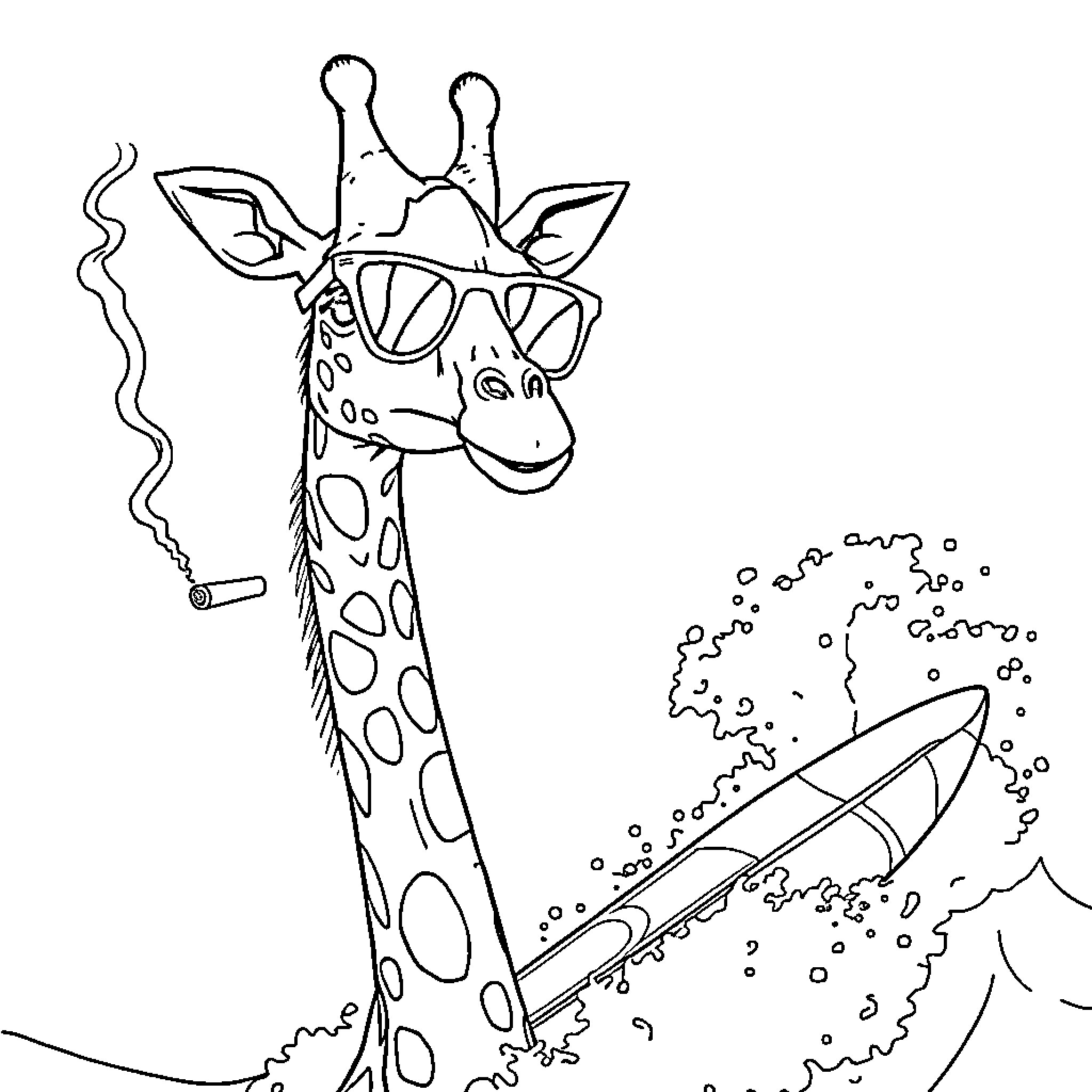 Giraffe with sunglasses enjoying a surfing adventure Coloring Page (free black-and-white line drawing printable PDF for all, from beginners to advanced learners, including children, teens, adults, and seniors)