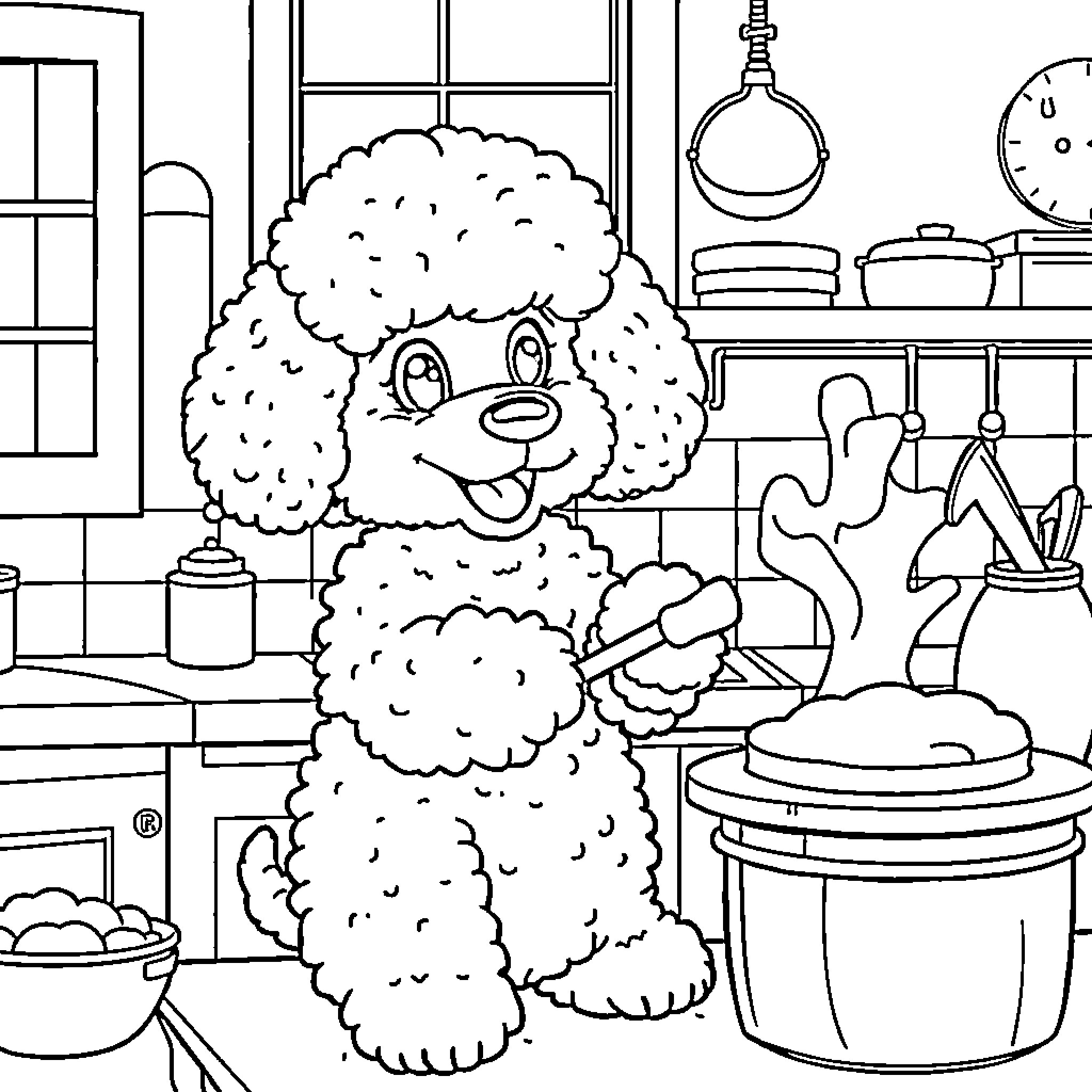 Poodle in a Cozy Kitchen Coloring Page (free black-and-white line drawing printable PDF for all, from beginners to advanced learners, including children, teens, adults, and seniors)