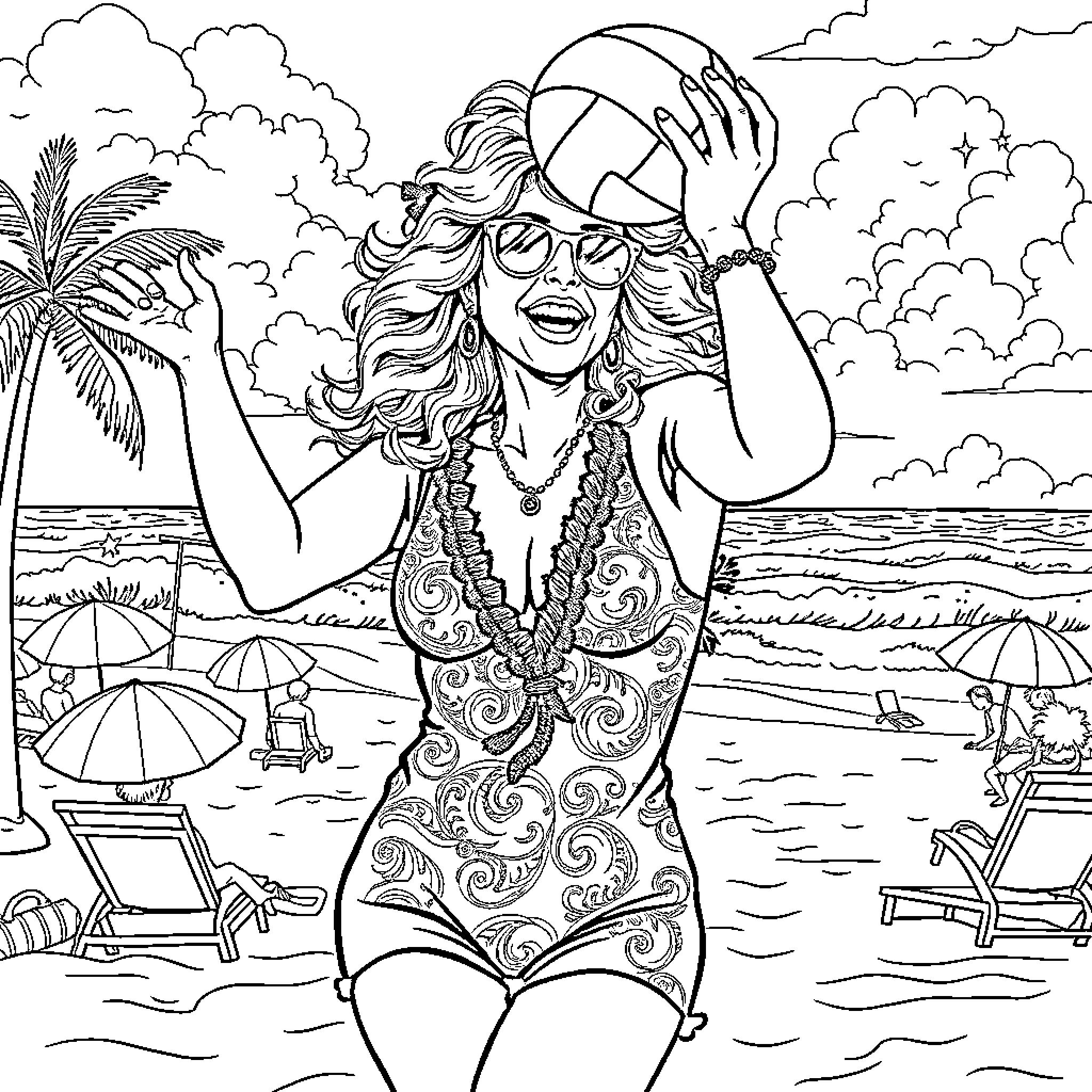 Dolly Parton enjoying a day at the beach Coloring Page (free black-and-white line drawing printable PDF for all, from beginners to advanced learners, including children, teens, adults, and seniors)