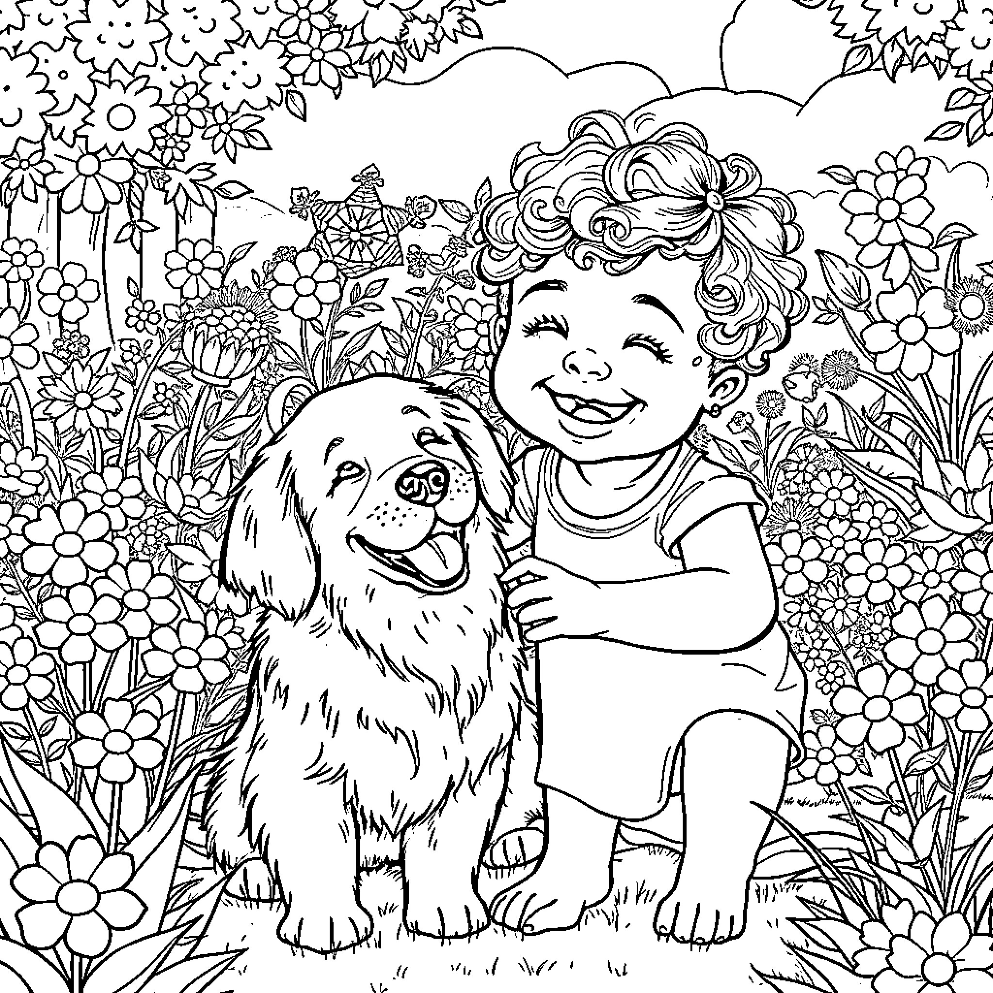 Baby enjoying time with pet dog in flower garden Coloring Page (free black-and-white line drawing printable PDF for all, from beginners to advanced learners, including children, teens, adults, and seniors)