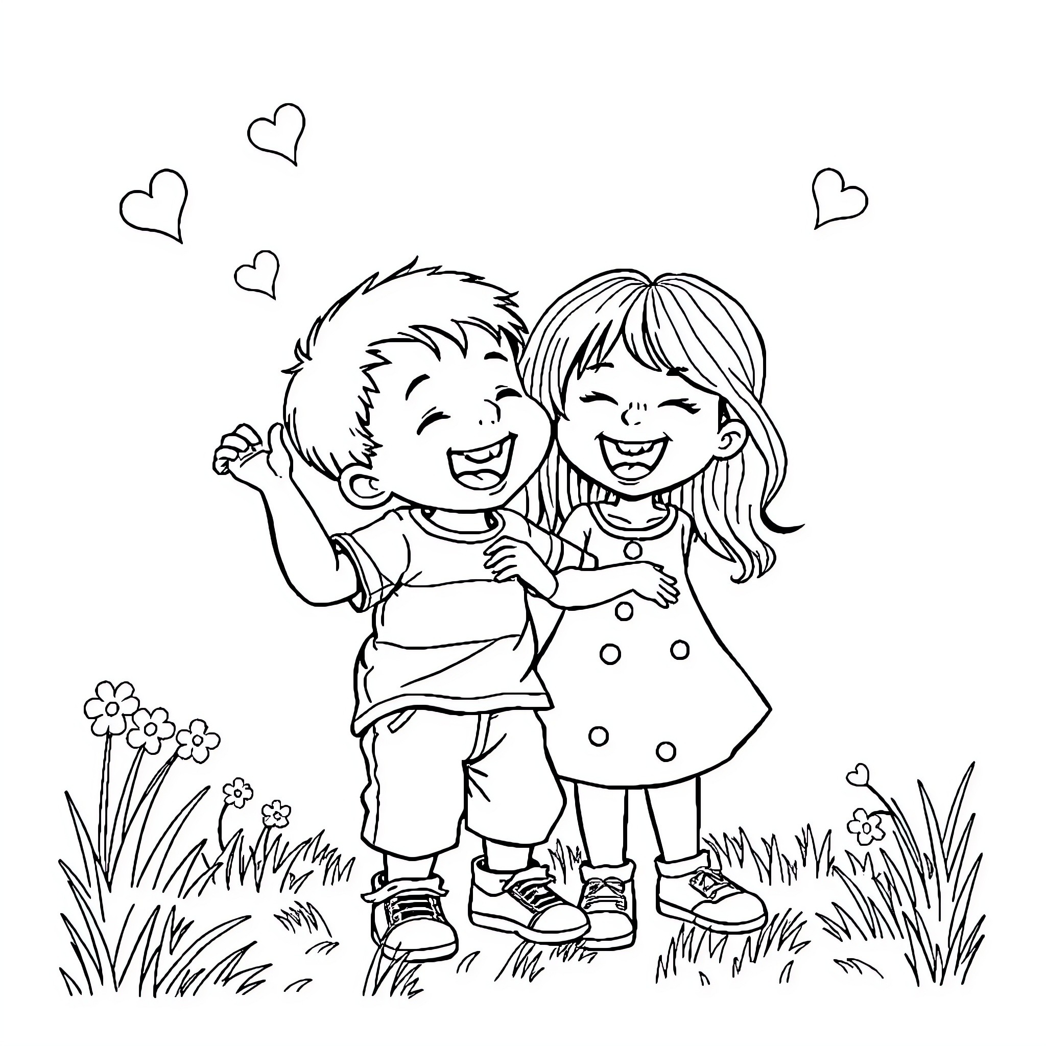 Siblings enjoying a playful moment together Coloring Page (free black-and-white line drawing printable PDF for all, from beginners to advanced learners, including children, teens, adults, and seniors)