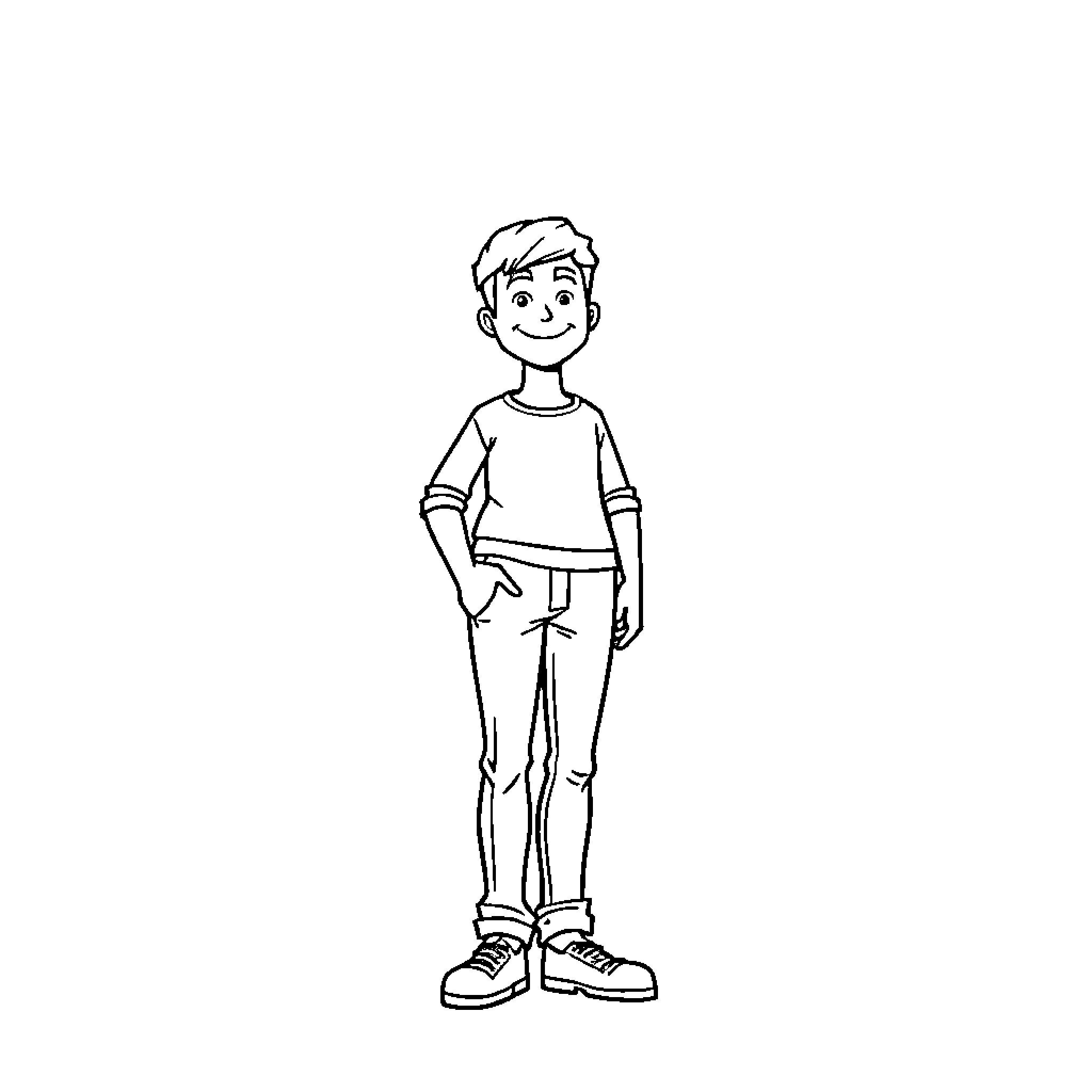 Self-Esteem: Smiling Boy in Casual Outfit Coloring Page (free black-and-white line drawing printable PDF for all, from beginners to advanced learners, including children, teens, adults, and seniors)