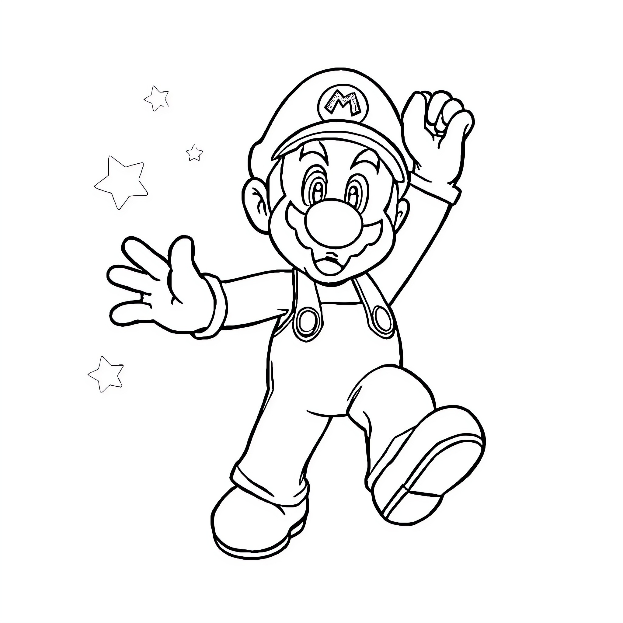 Super Mario jumping with stars Coloring Page (free black-and-white line drawing printable PDF for all, from beginners to advanced learners, including children, teens, adults, and seniors)