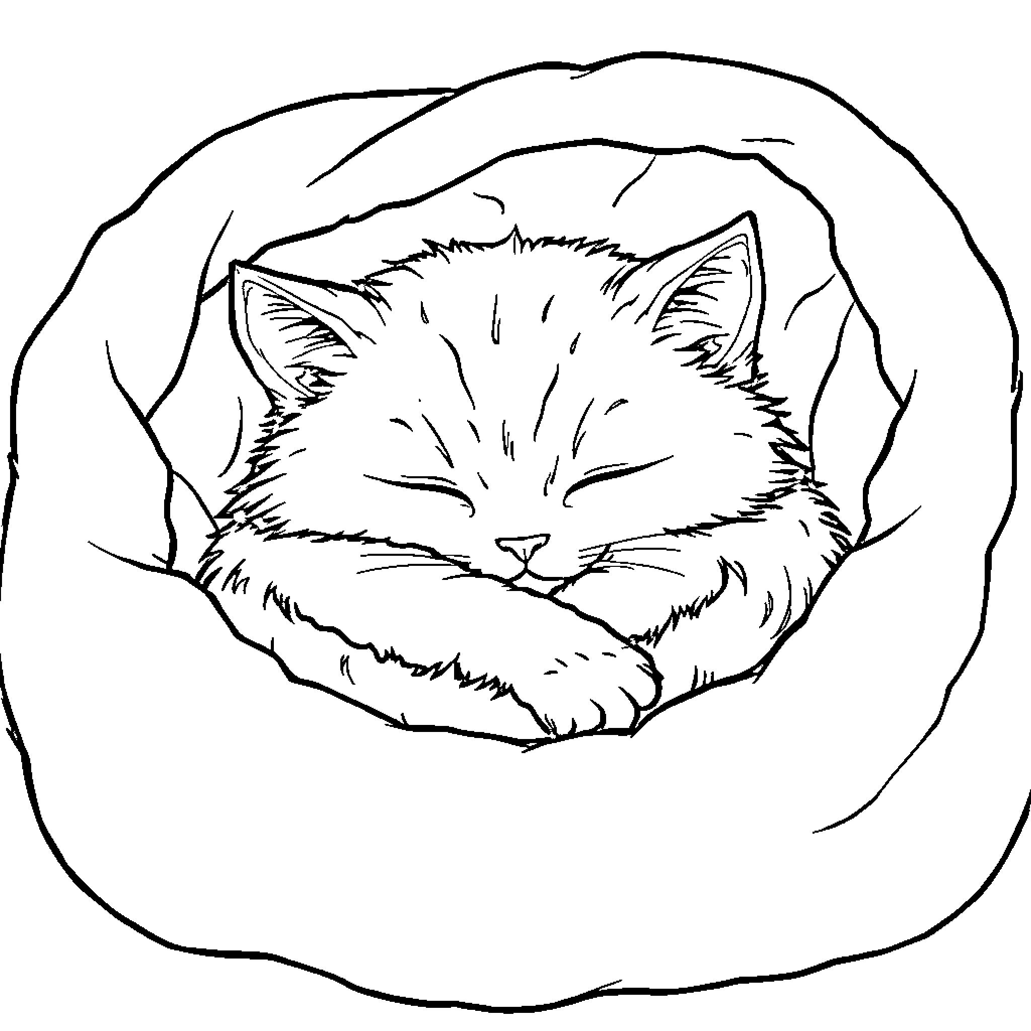 Cat curled up and sleeping peacefully Coloring Page (free black-and-white line drawing printable PDF for all, from beginners to advanced learners, including children, teens, adults, and seniors)