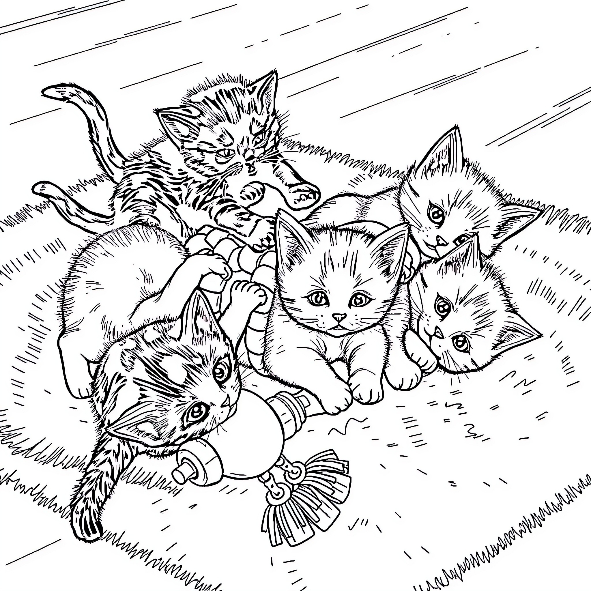 Kittens Playing and Exploring a Grassy Field Coloring Page (free black-and-white line drawing printable PDF for all, from beginners to advanced learners, including children, teens, adults, and seniors)