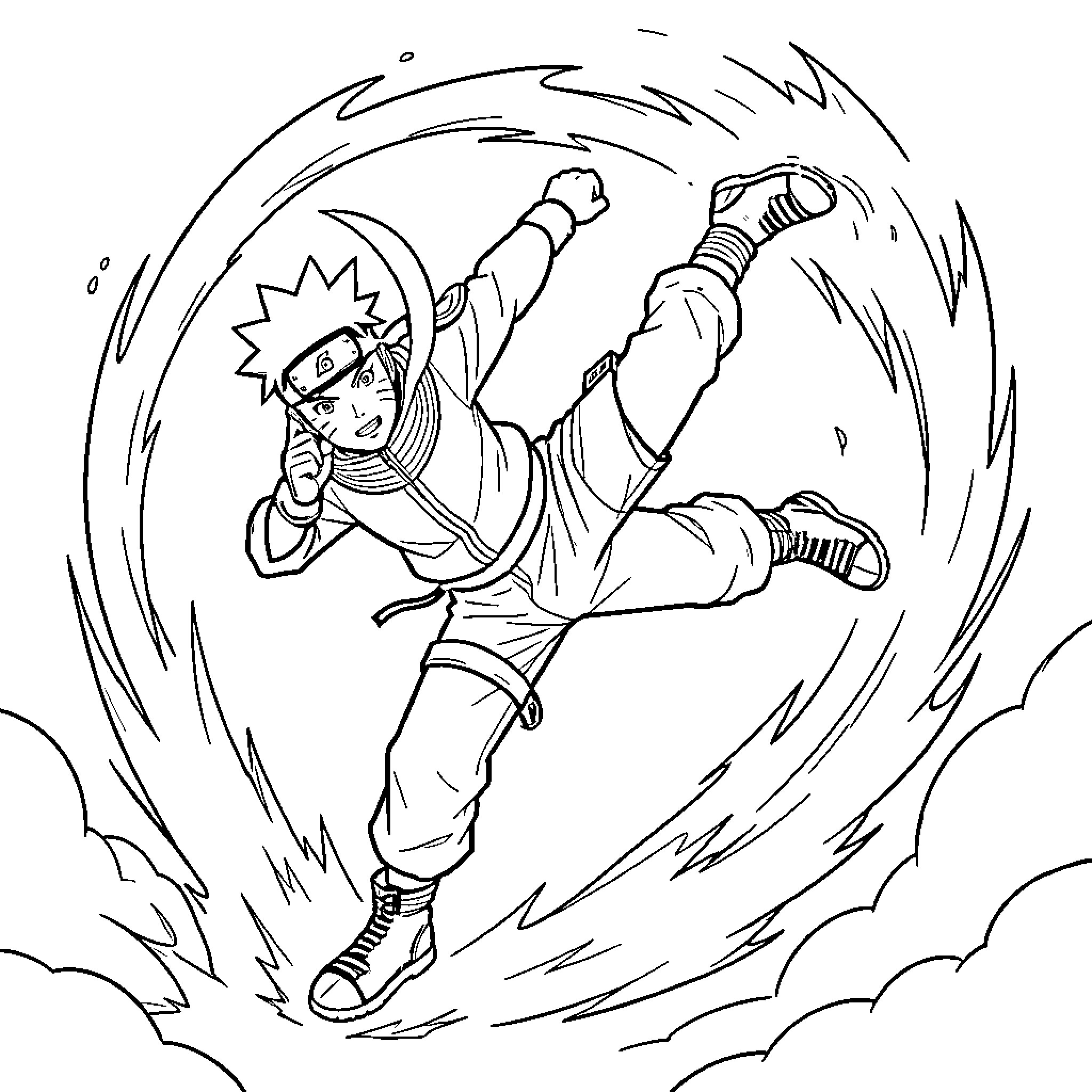Naruto performing a dynamic mid-air combat pose Coloring Page (free black-and-white line drawing printable PDF for all, from beginners to advanced learners, including children, teens, adults, and seniors)