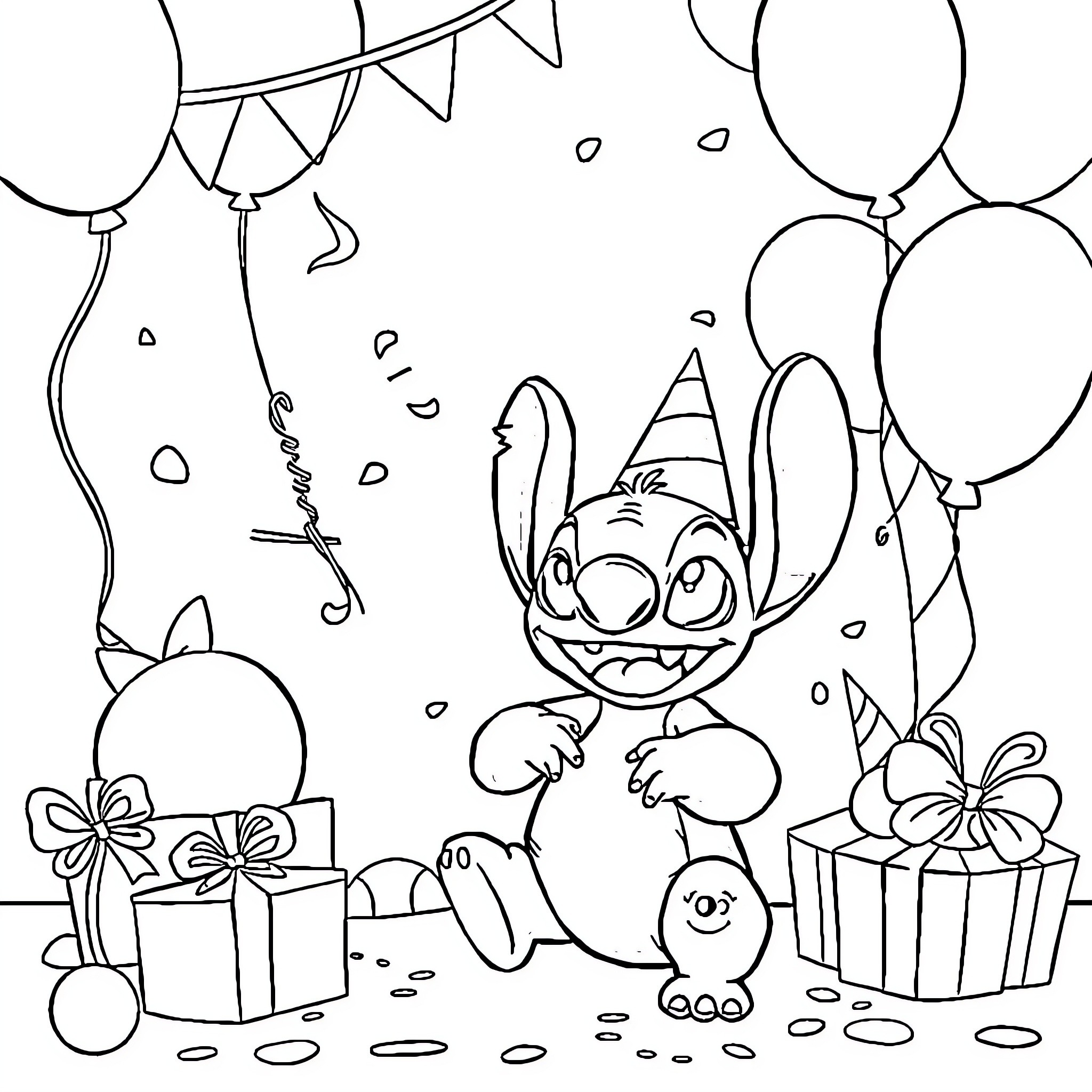 Bunny celebrating with balloons and gifts Coloring Page (free black-and-white line drawing printable PDF for all, from beginners to advanced learners, including children, teens, adults, and seniors)